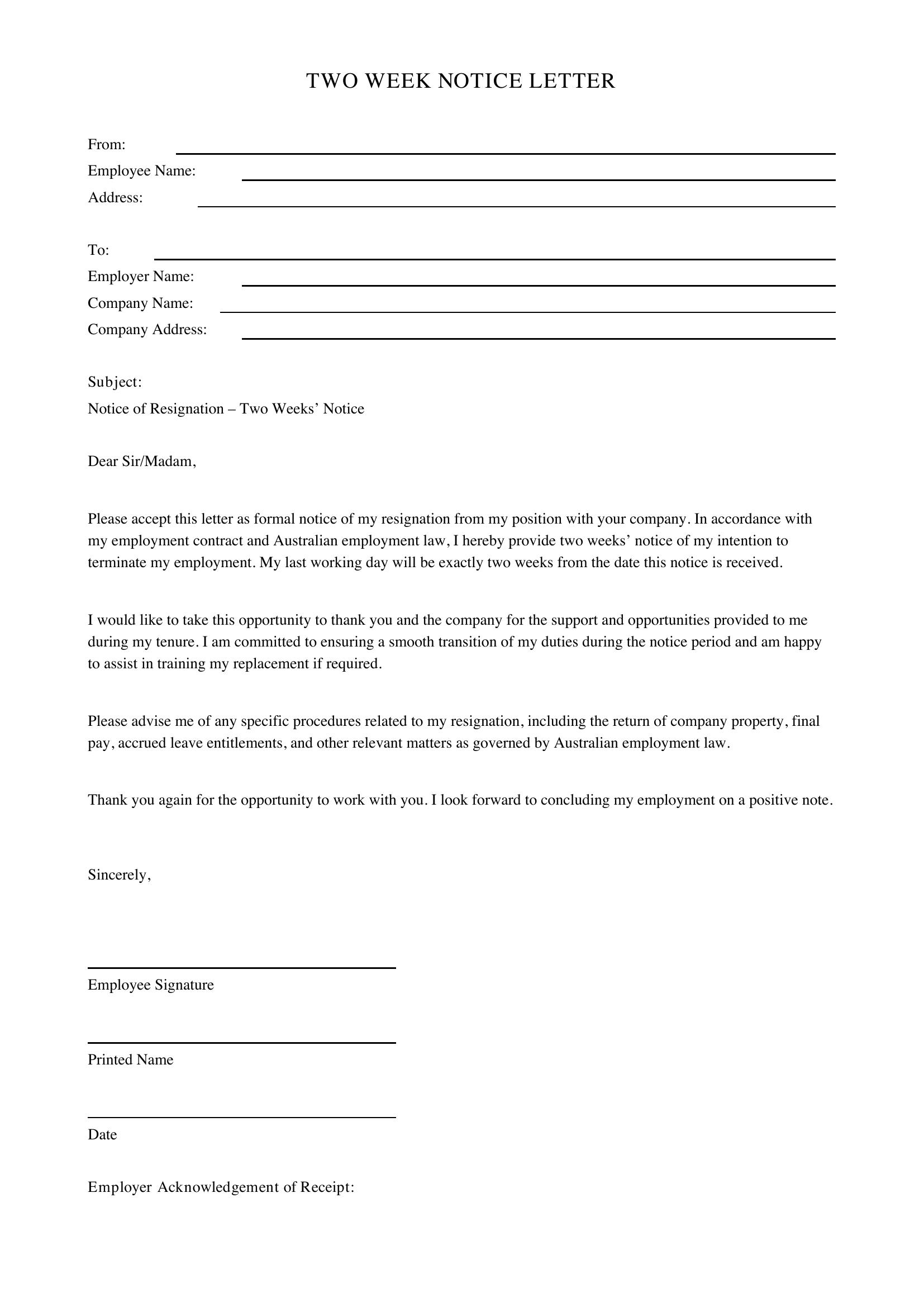 2 Week Notice Letter Template - Australia