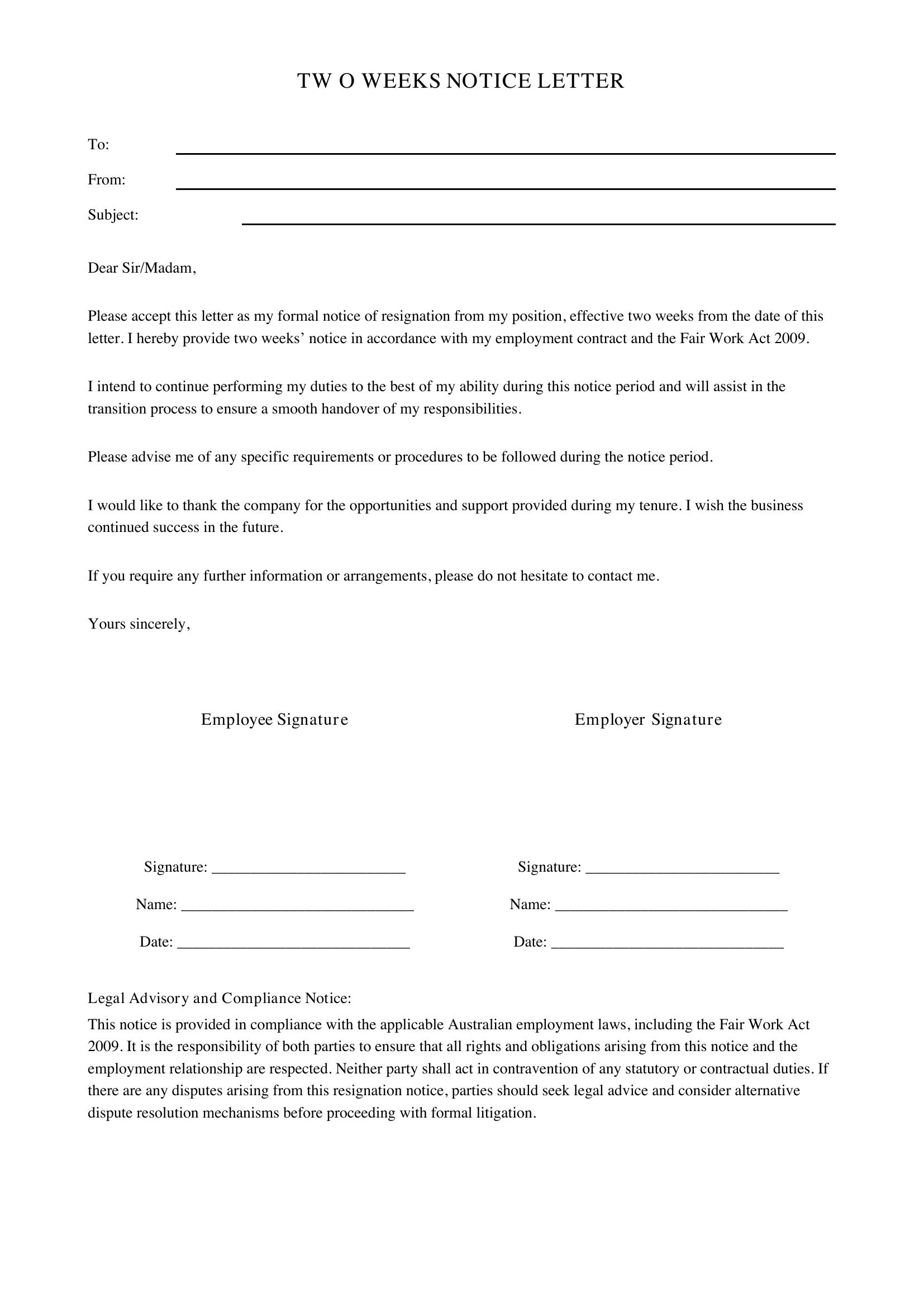 2 Weeks Notice Letter Template - Australia