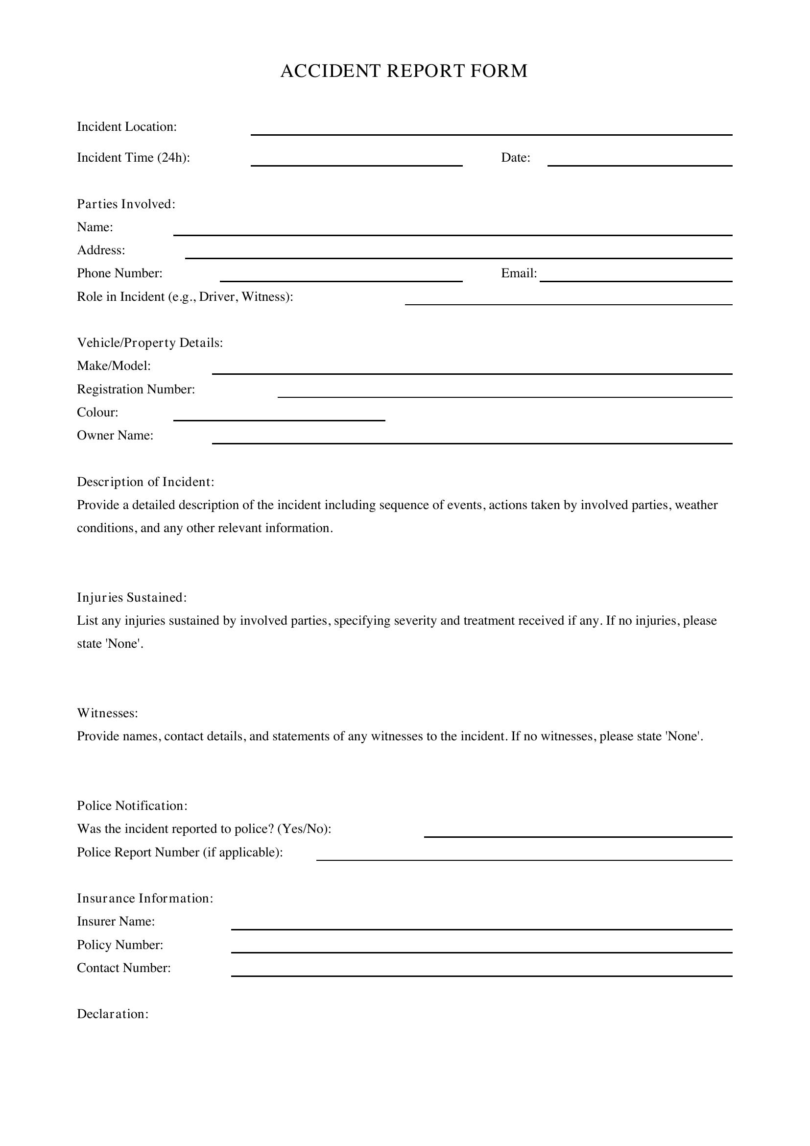 Accident Report Form Template - Australia
