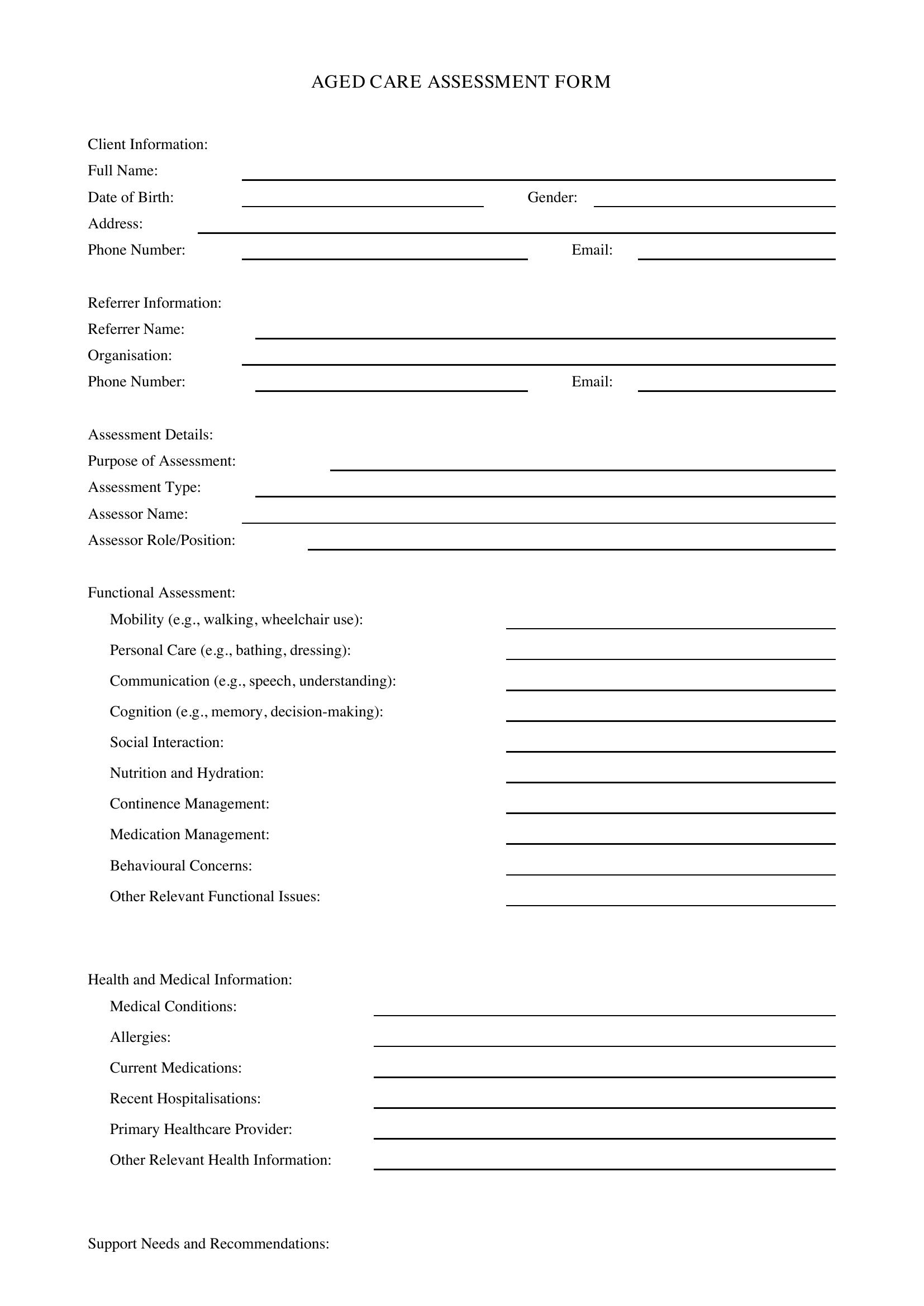 Aged Care Assessment Form Template - Australia