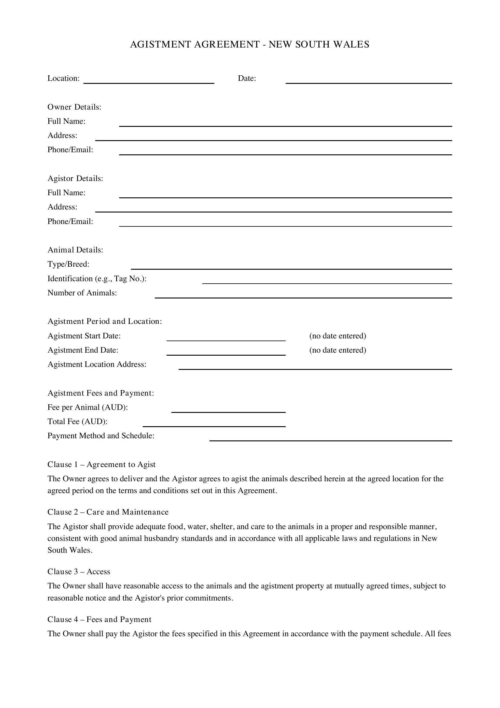 Agistment Agreement Nsw Template - Australia
