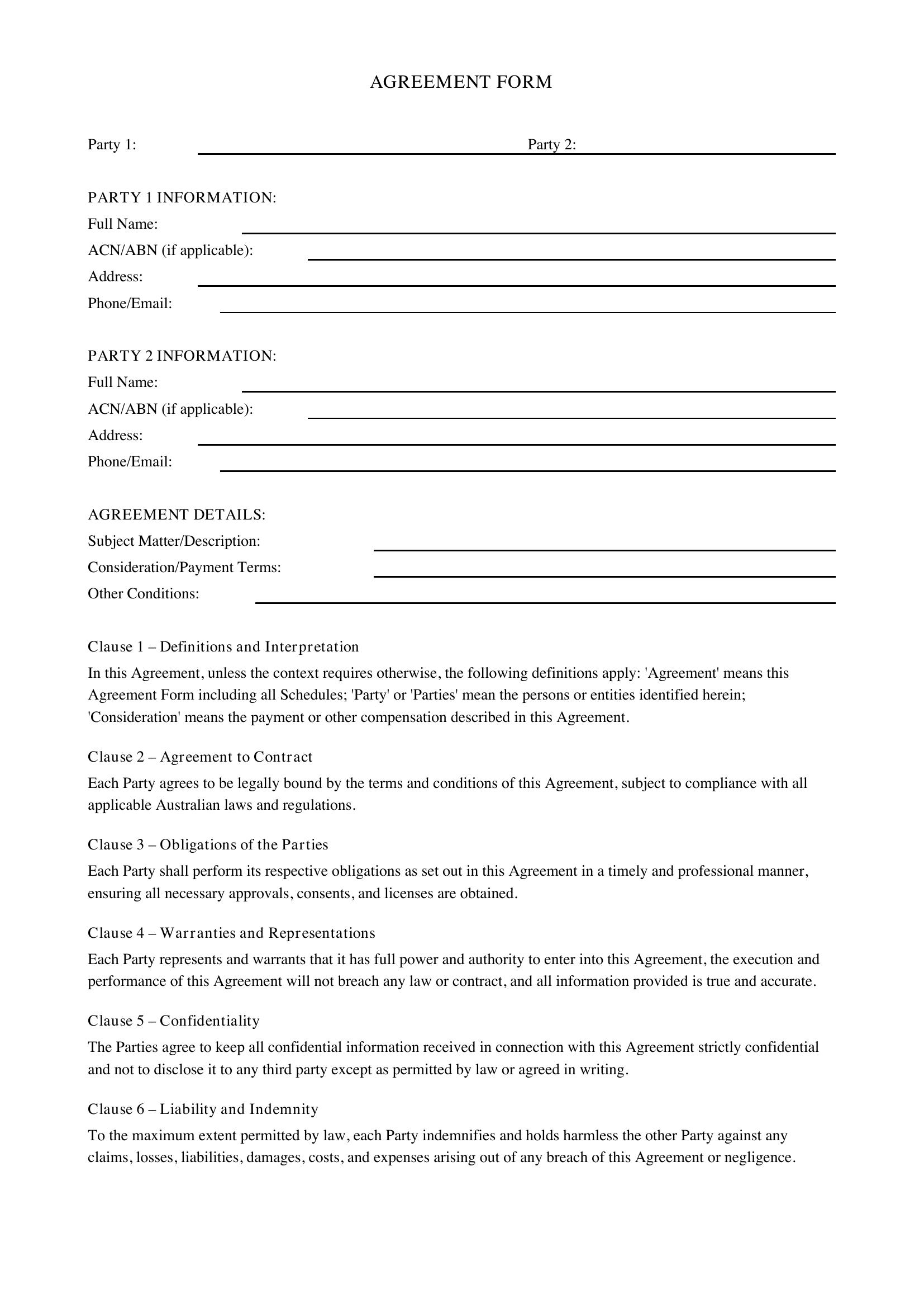 Agreement Form Template - Australia