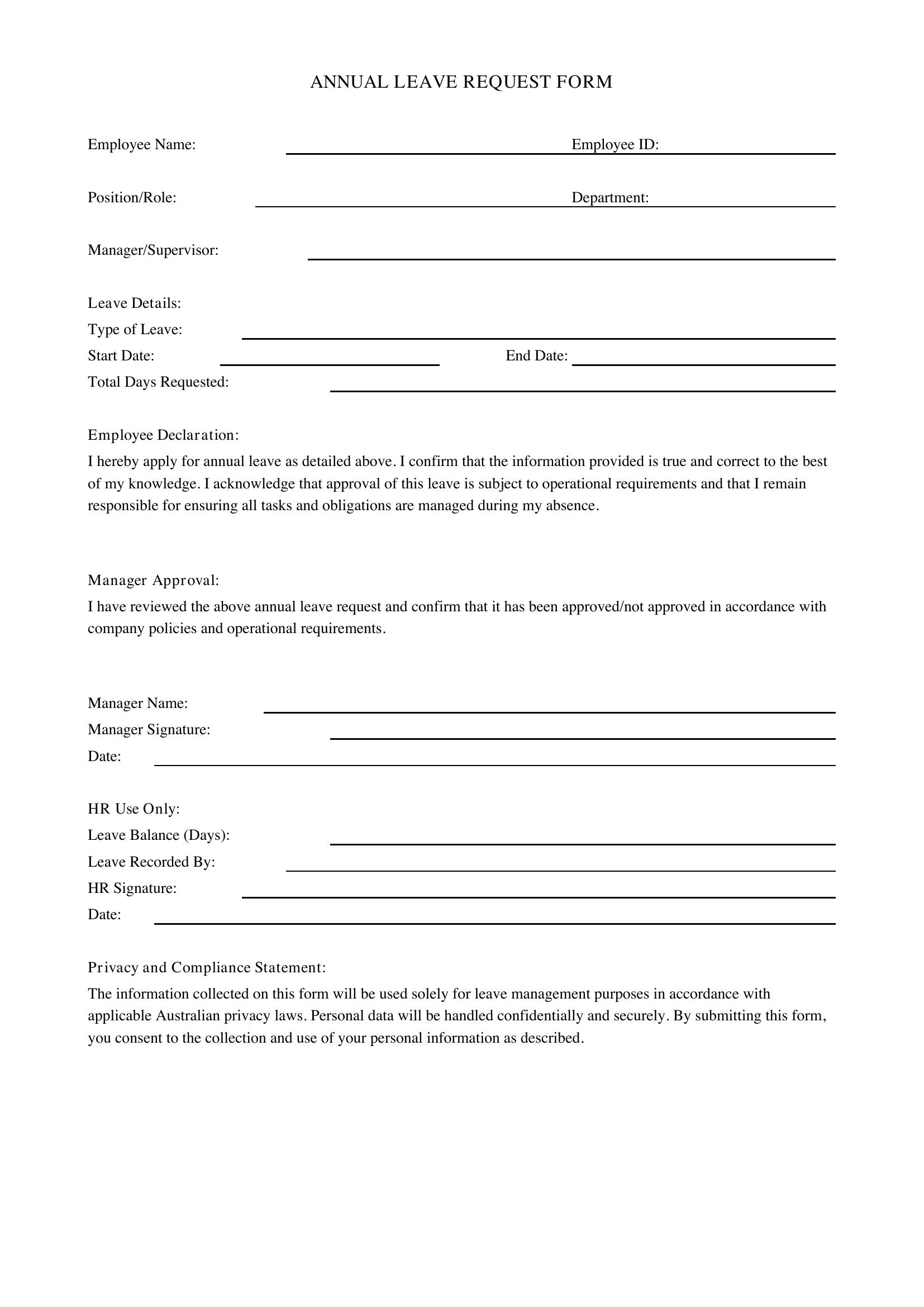 Annual Leave Form Template - Australia