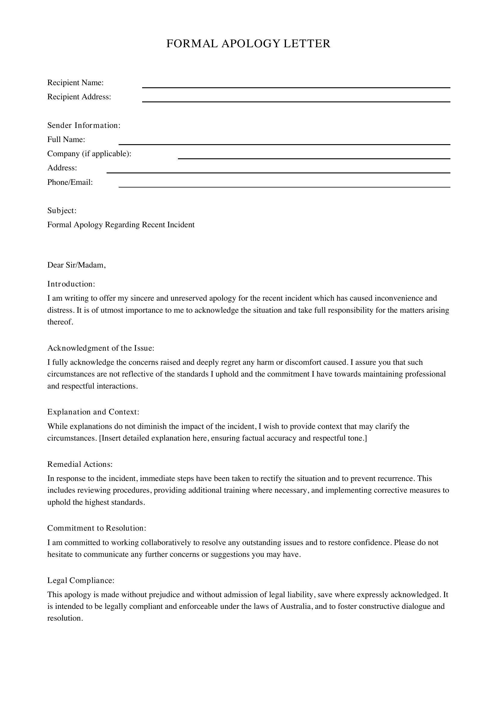 Apology Letter Template - Australia