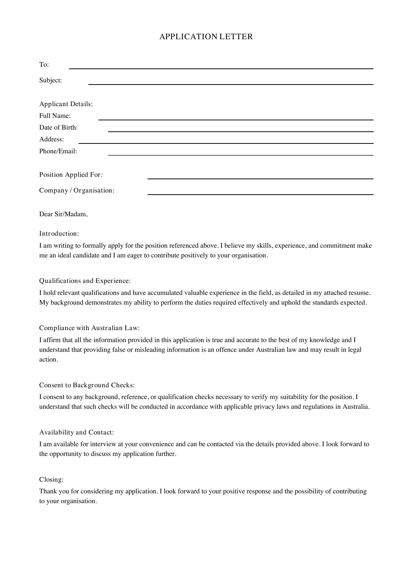 Application Letter Template - Australia