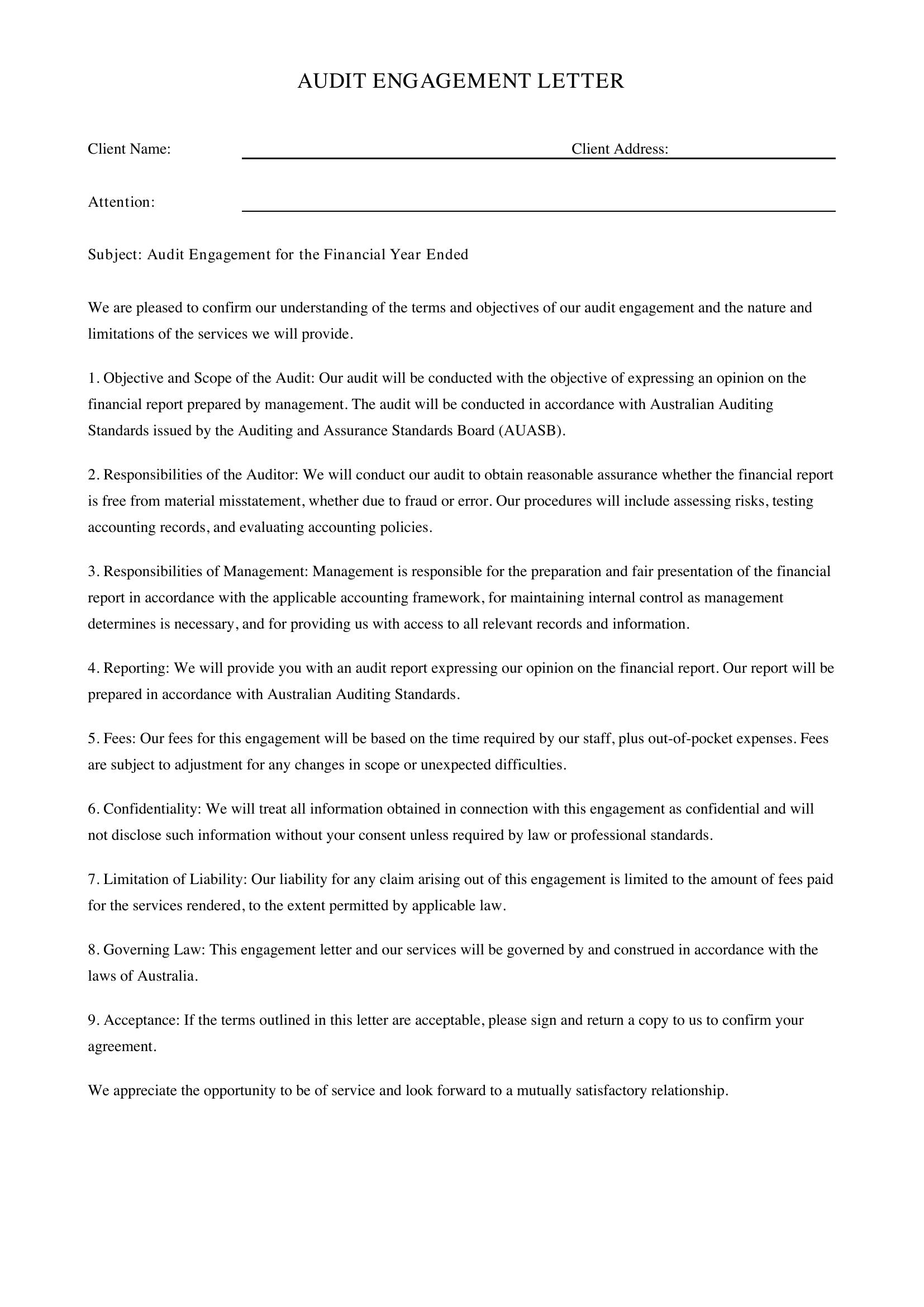 Audit Engagement Letter Template - Australia