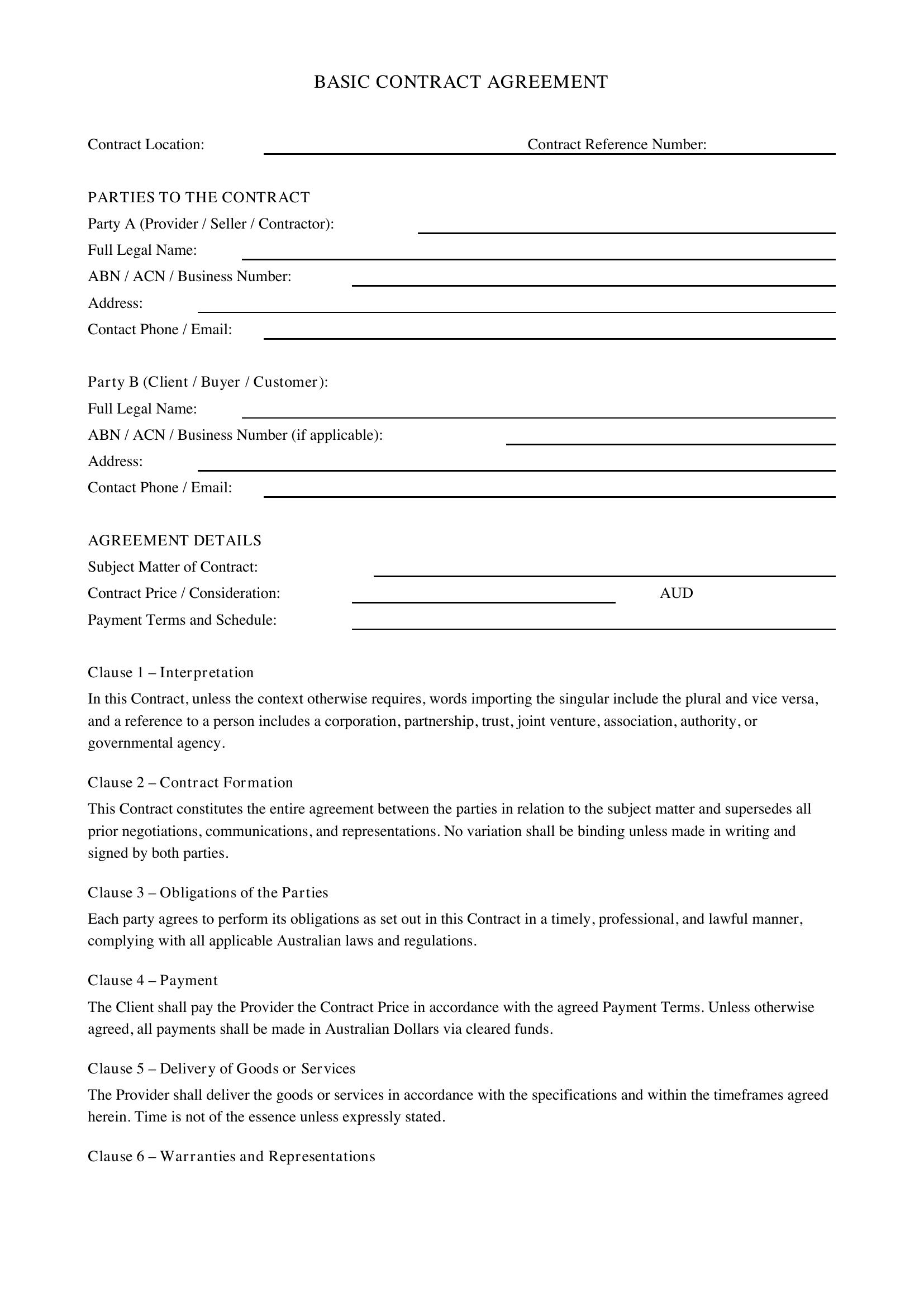 Basic Contract Template - Australia