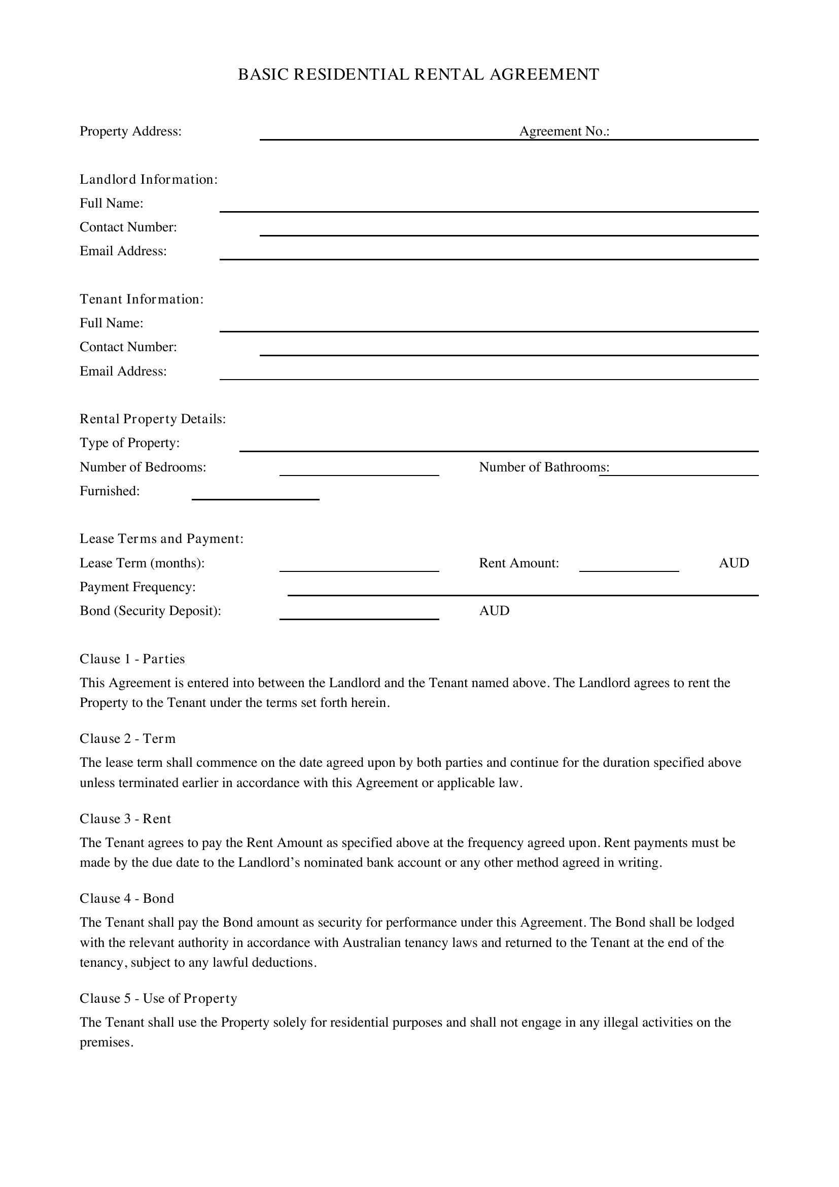 Basic Rental Agreement Template - Australia