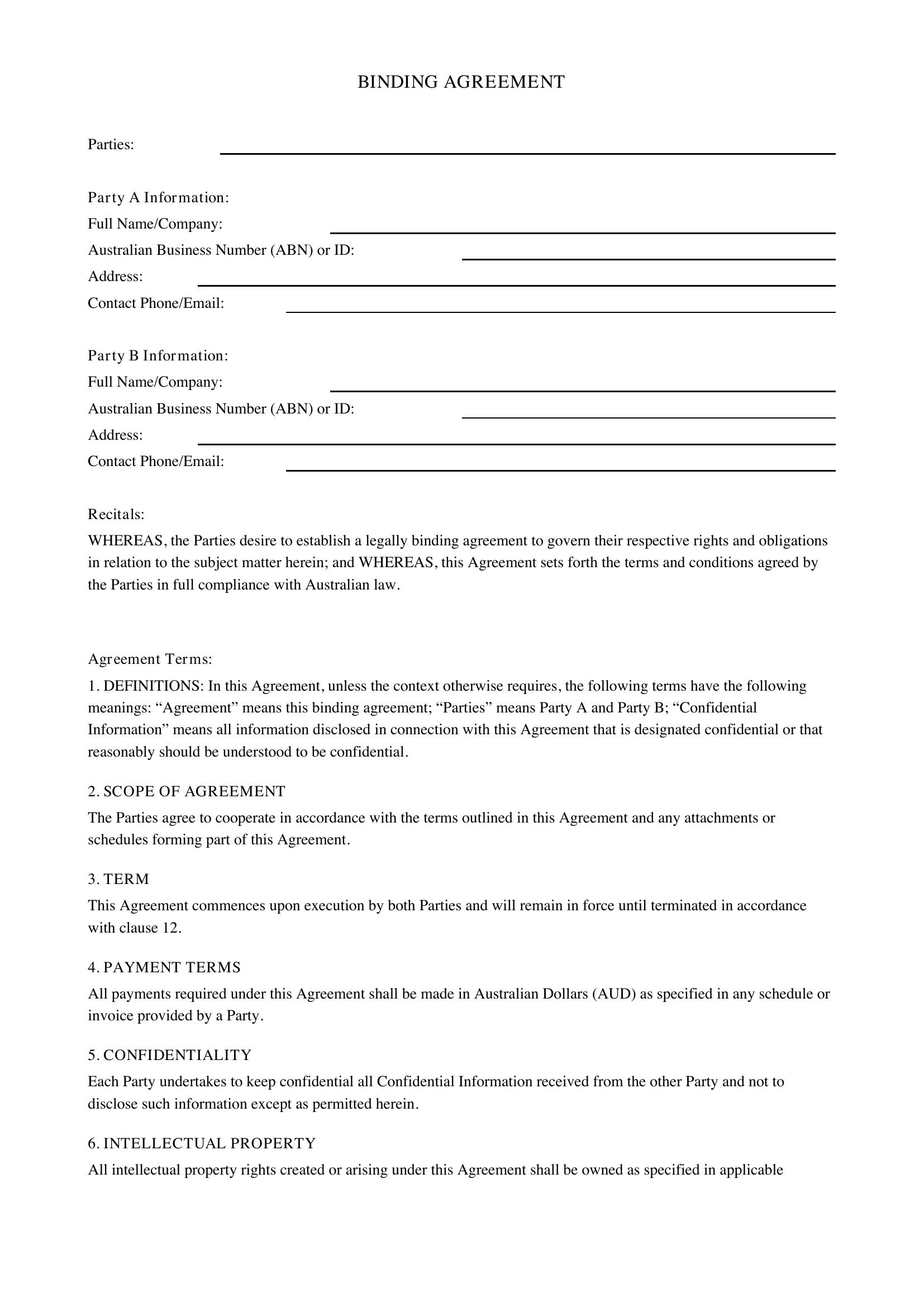 Binding Agreement Template - Australia