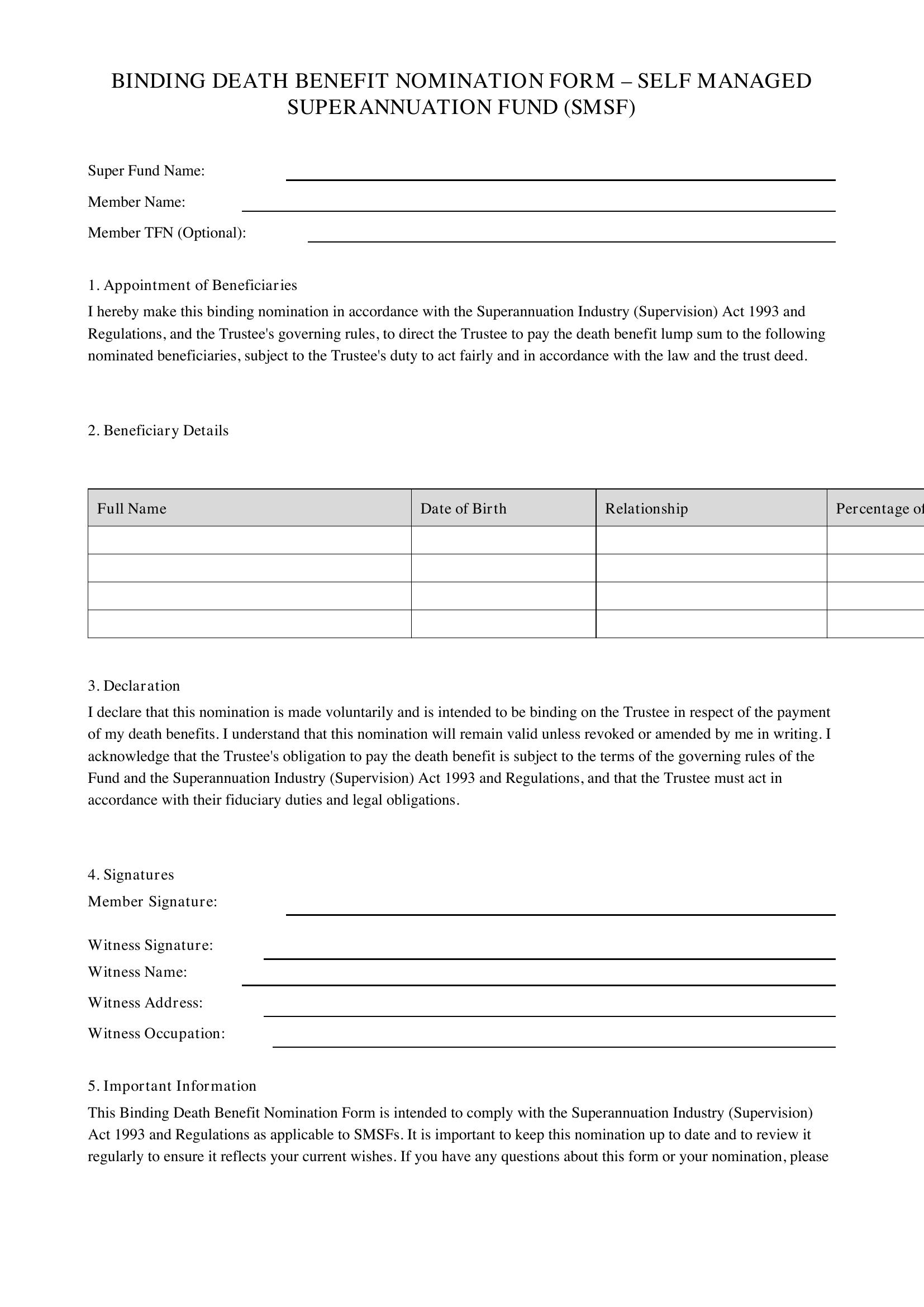 Binding Death Benefit Nomination Form Smsf Template - Australia