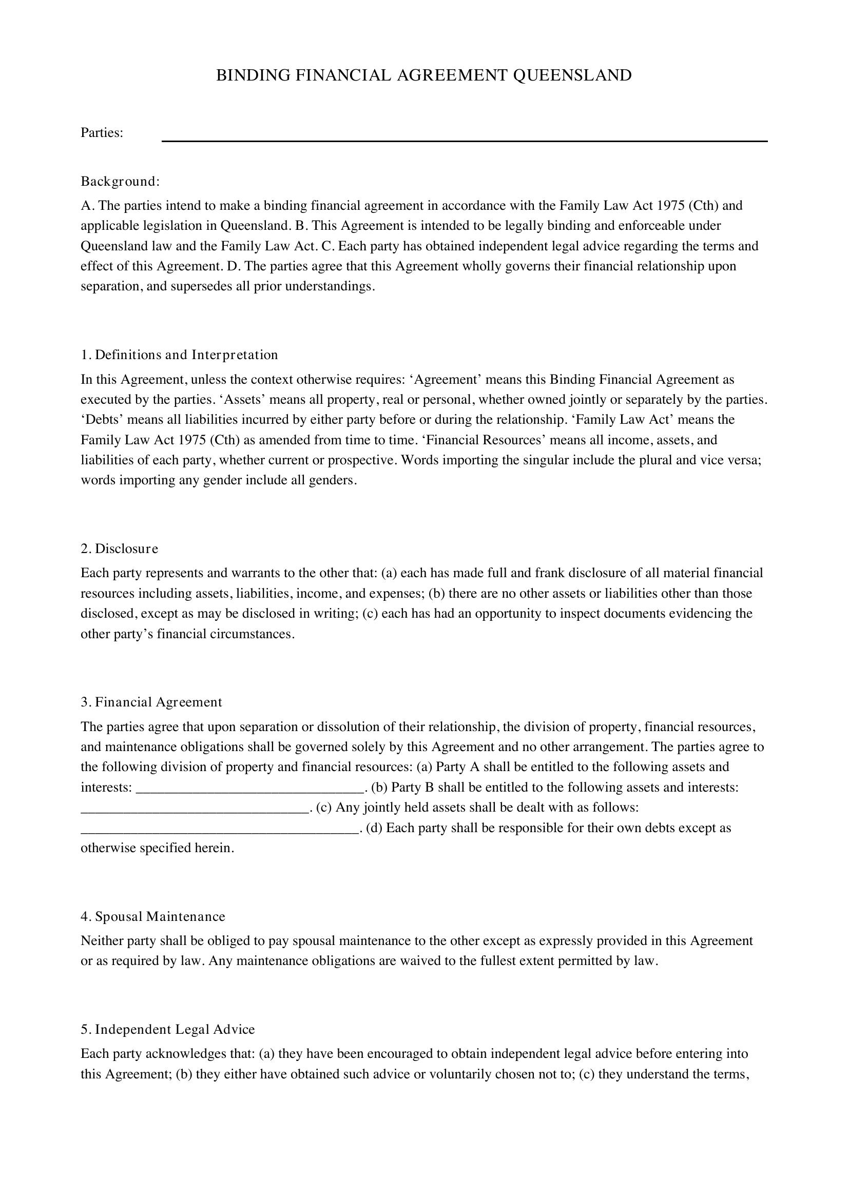 Binding Financial Agreement Qld Template - Australia