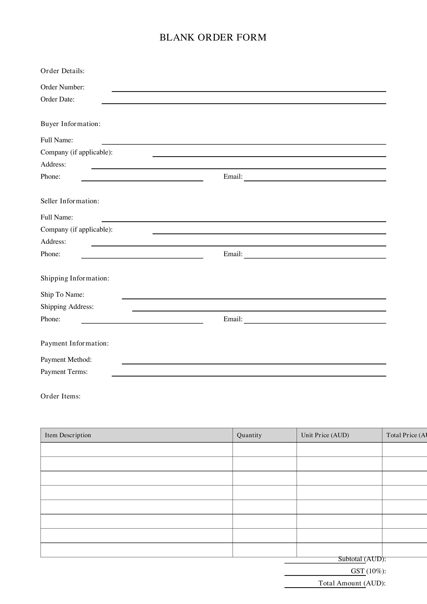 Blank Order Form Template - Australia