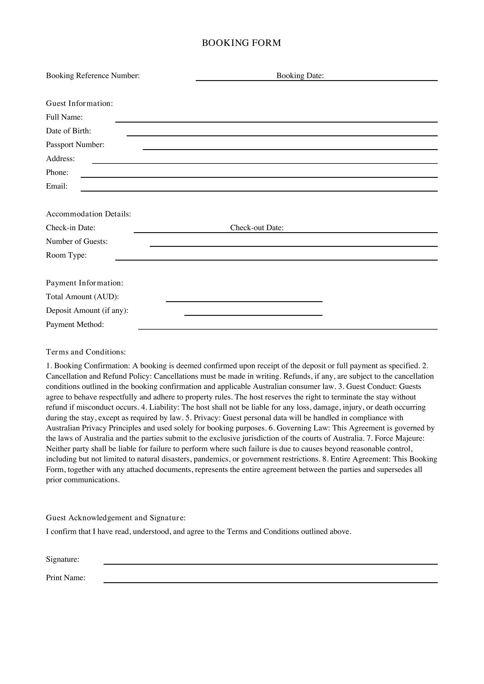 Booking Form Template - Australia