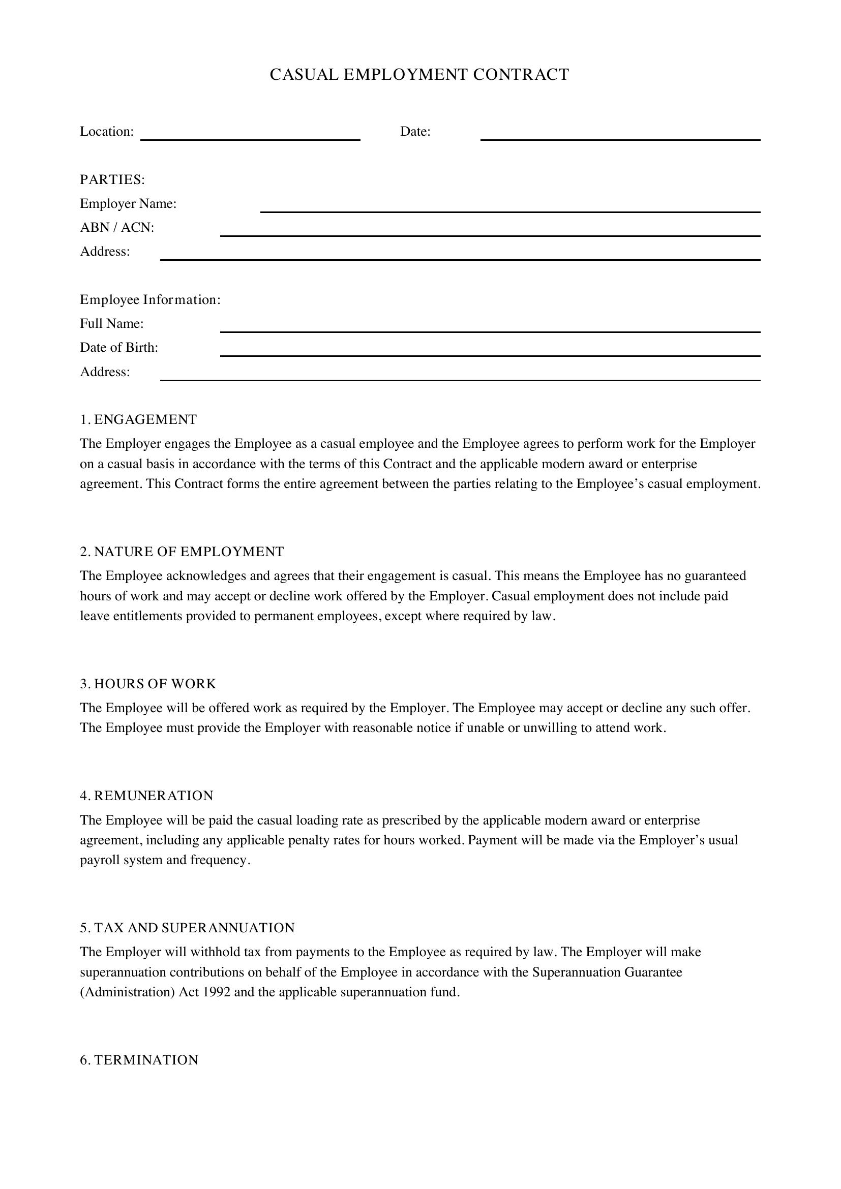 Casual Employee Contract Template - Australia