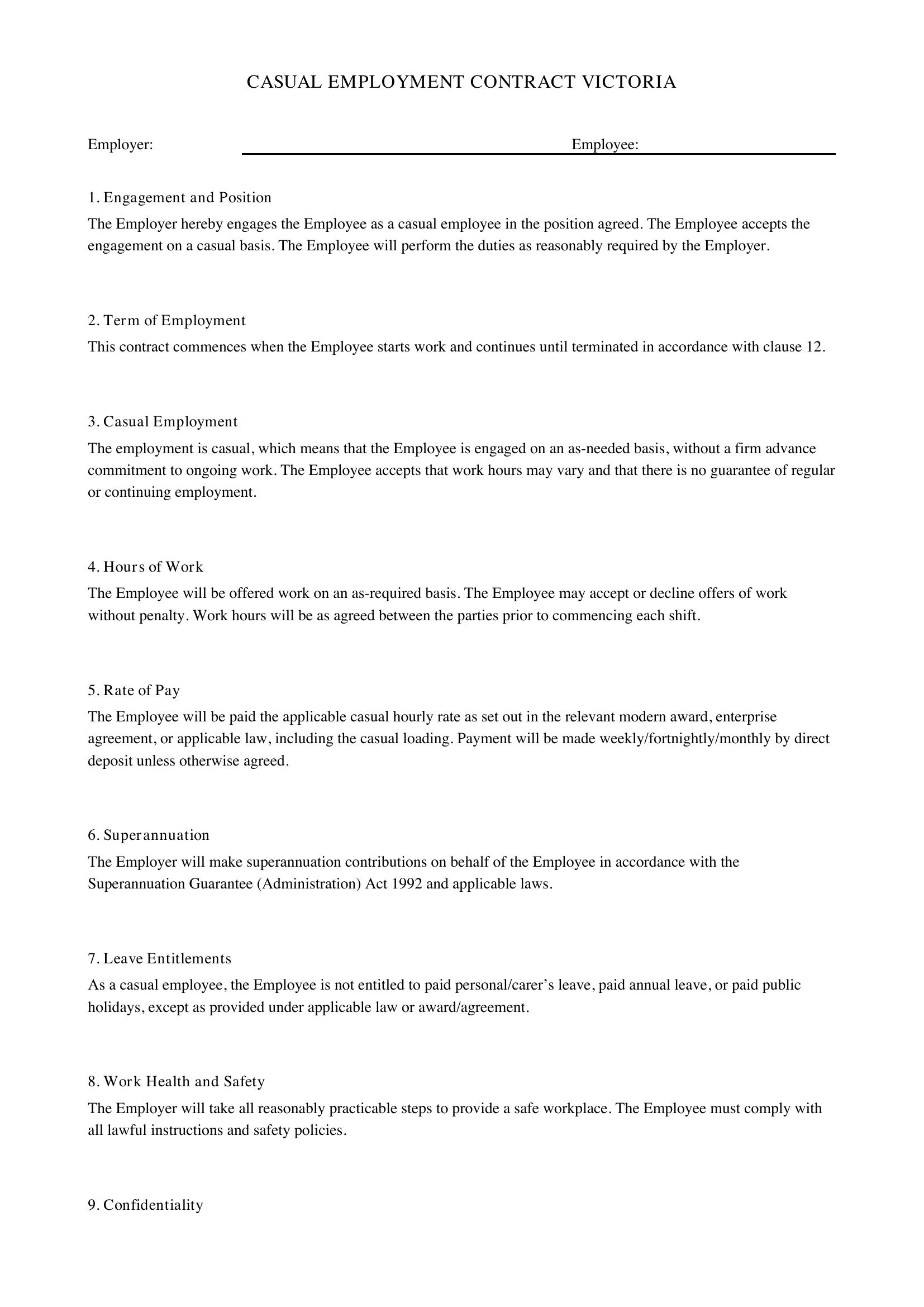 Casual Employment Contract Victoria Template - Australia