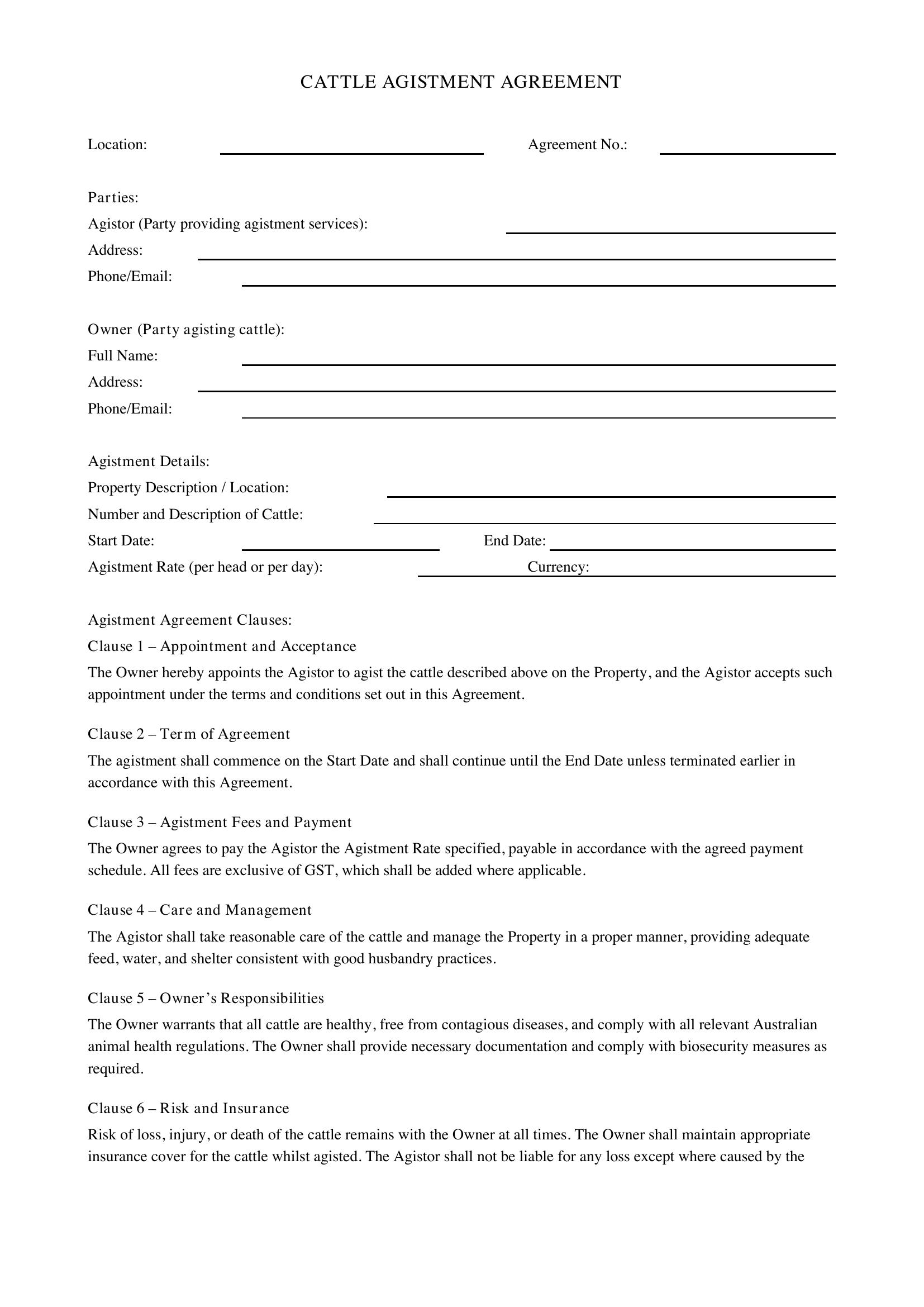 Cattle Agistment Agreement Template - Australia