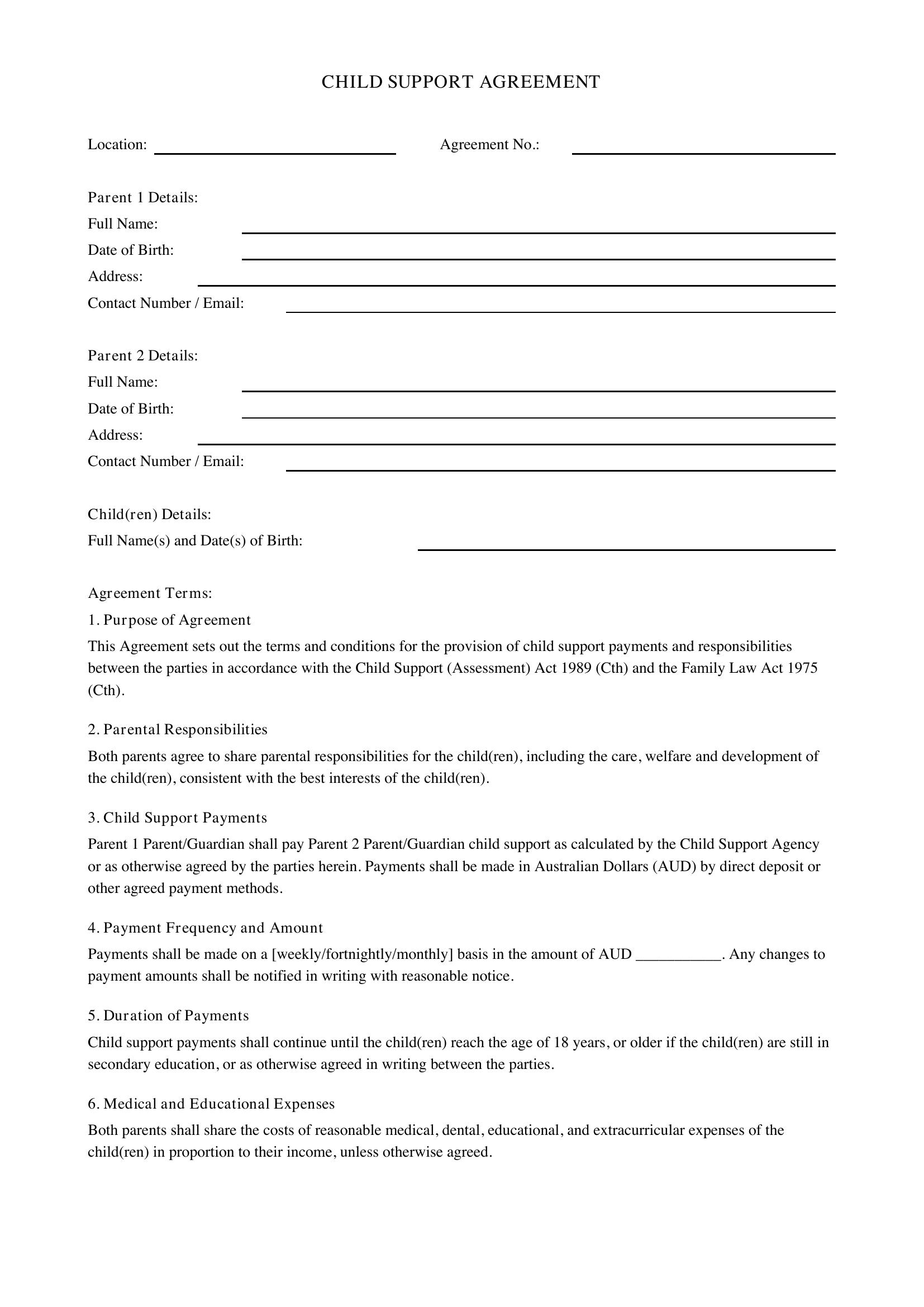 Child Support Agreement Template - Australia
