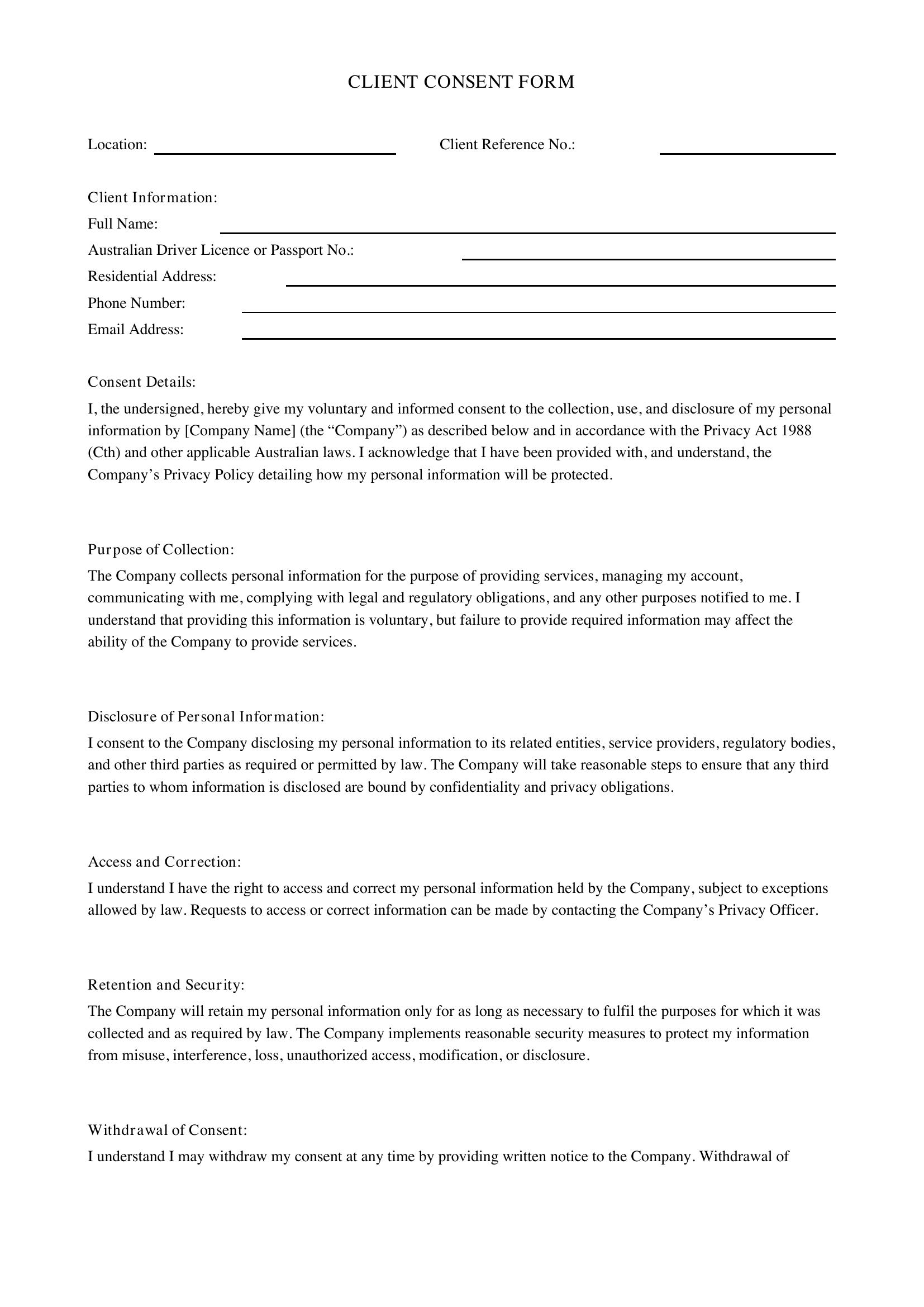 Client Consent Form Template - Australia