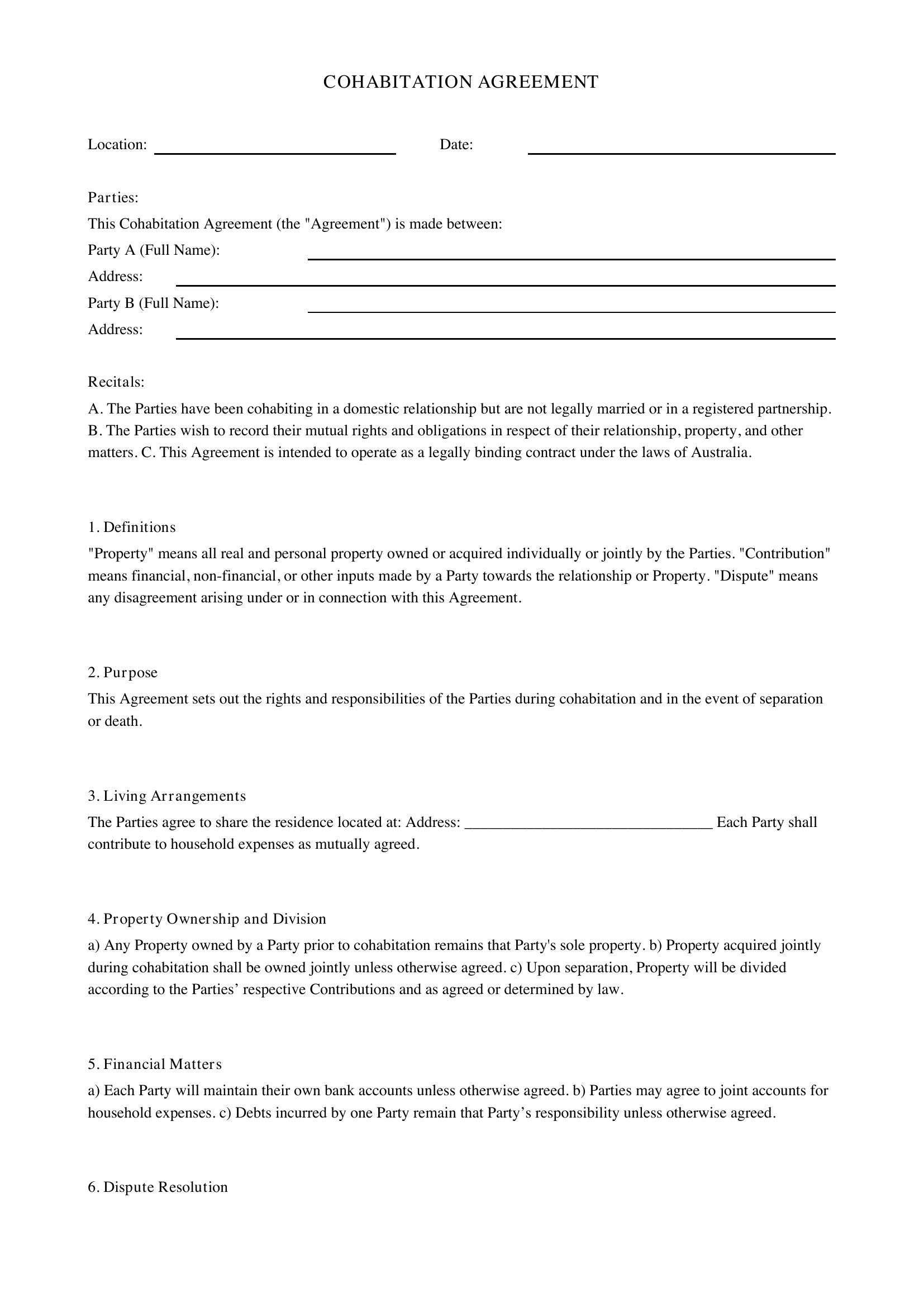 Cohabitation Agreement Template - Australia