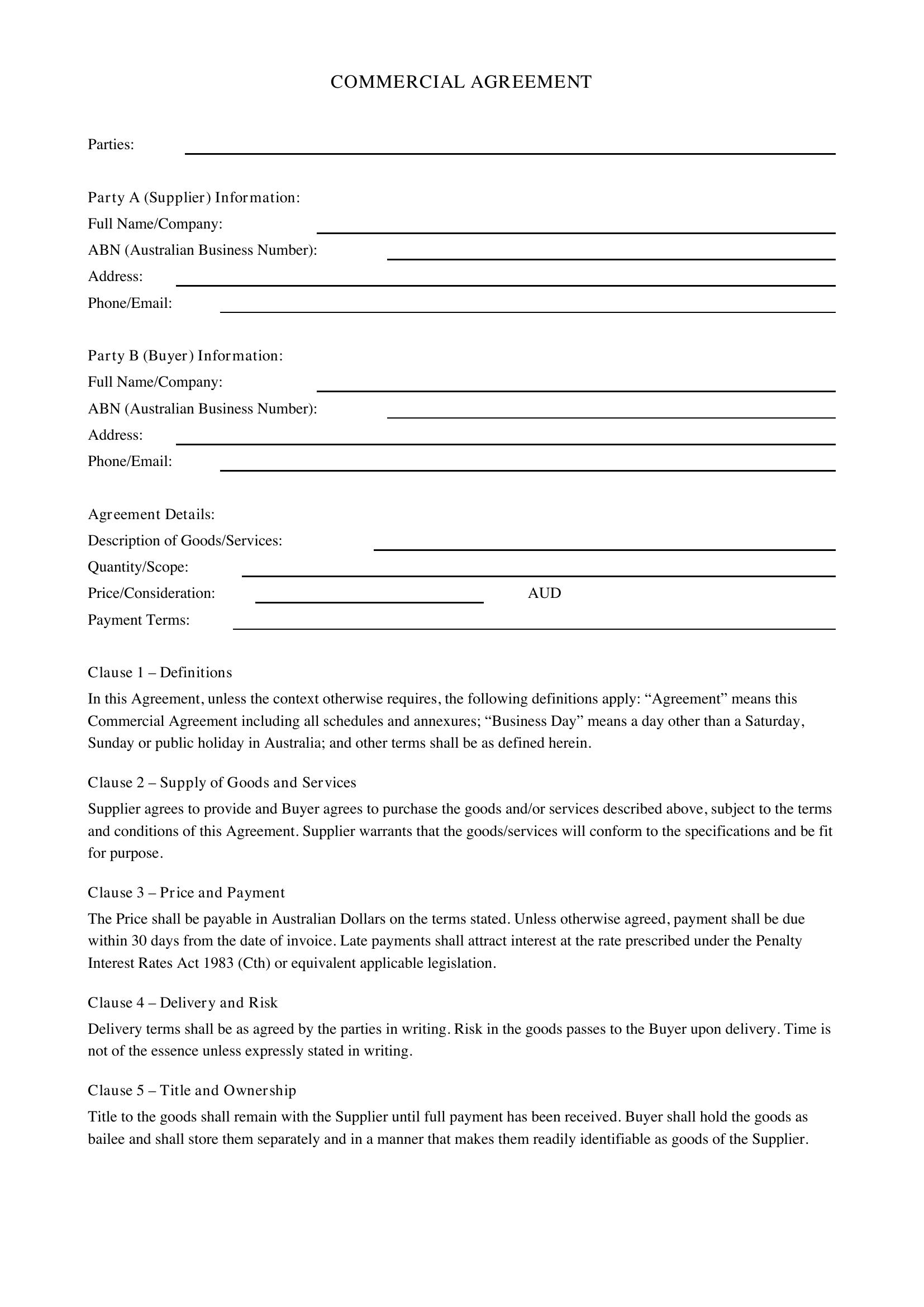 Commercial Agreement Template - Australia