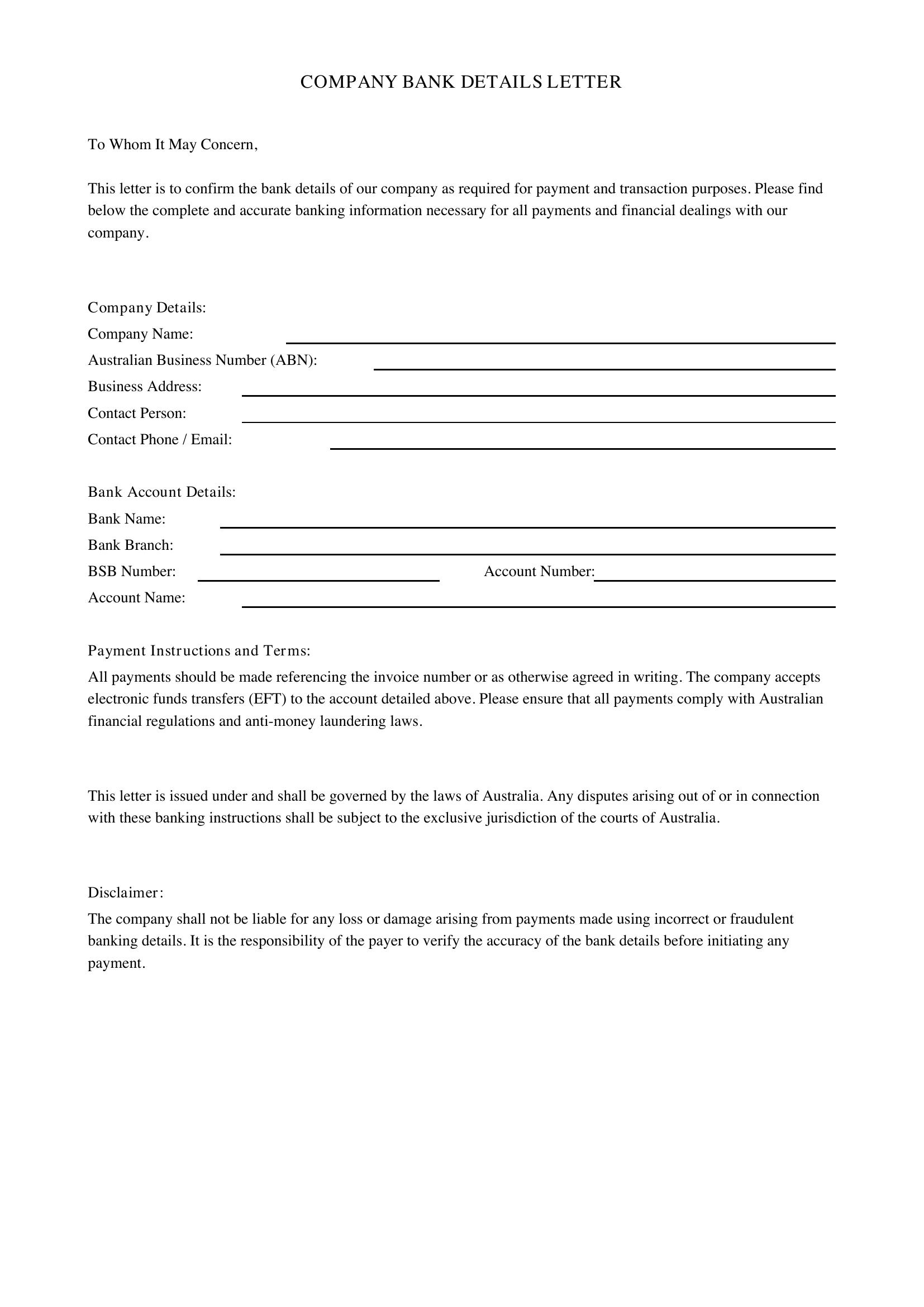 Company Bank Details Letter Template - Australia