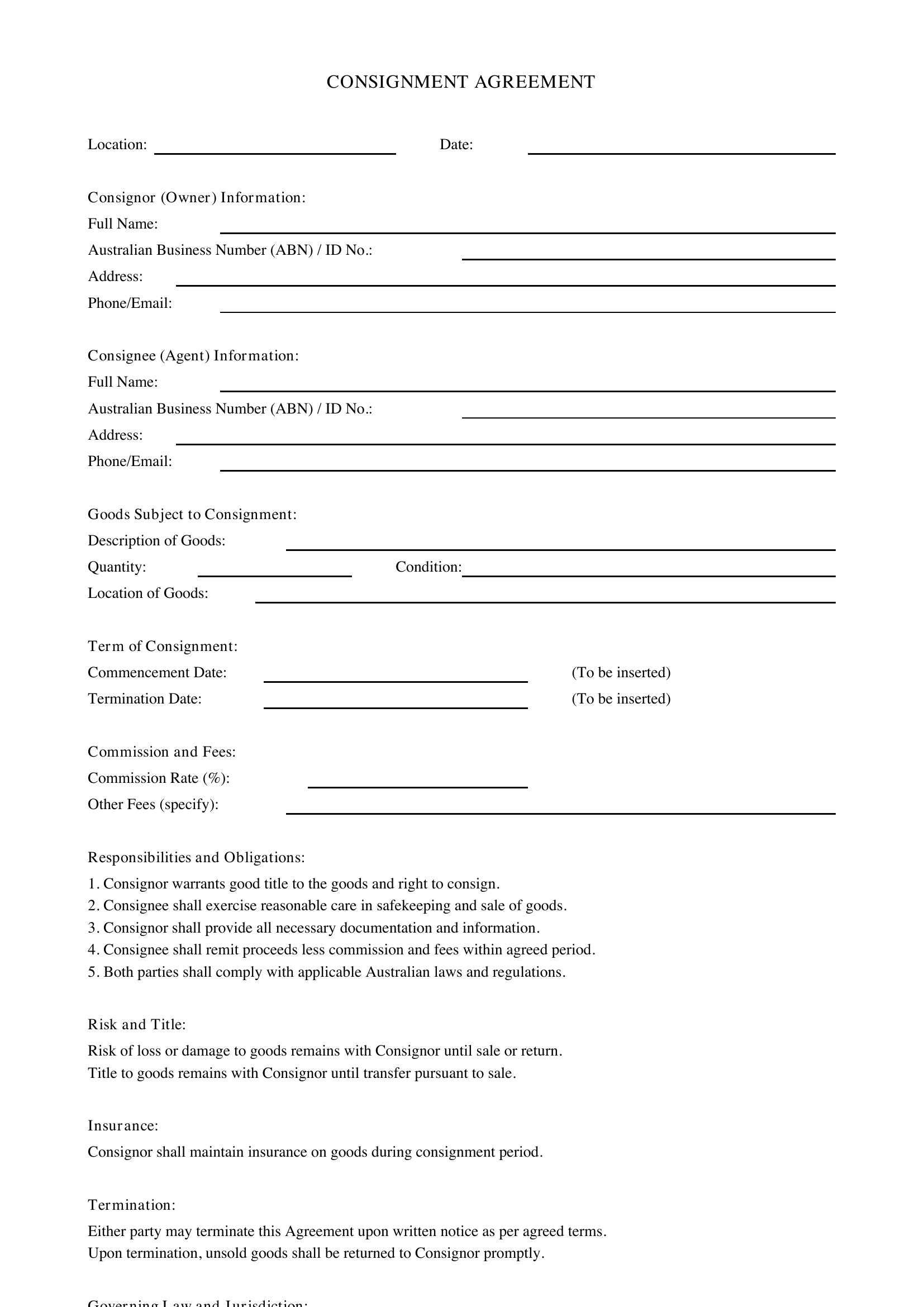 Consignment Agreement Template - Australia