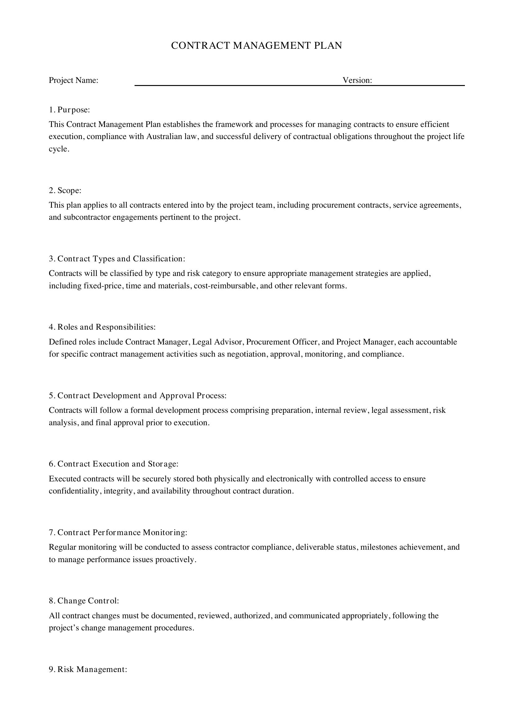 Contract Management Plan Template - Australia