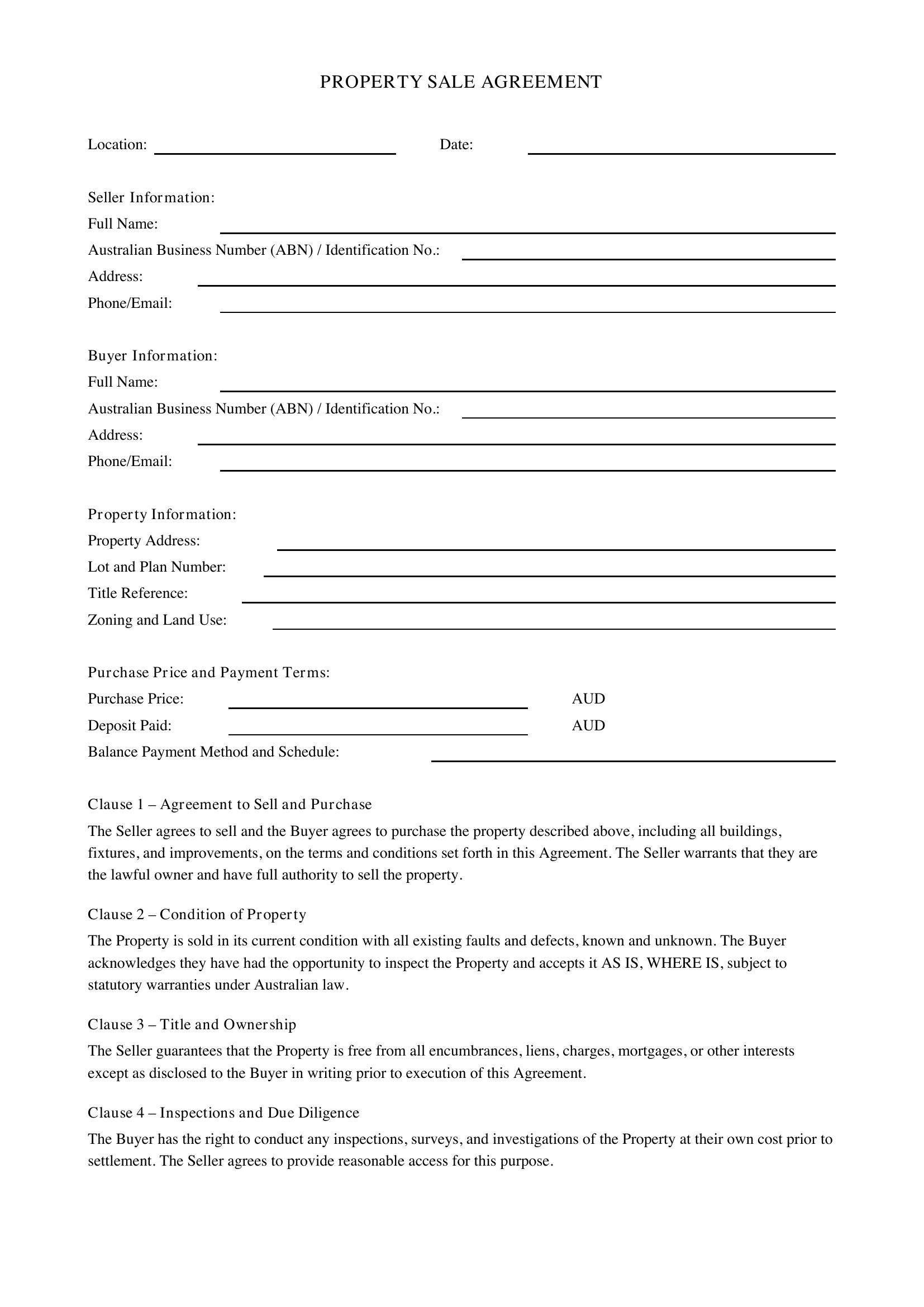 Contract Of Sale Property Template - Australia