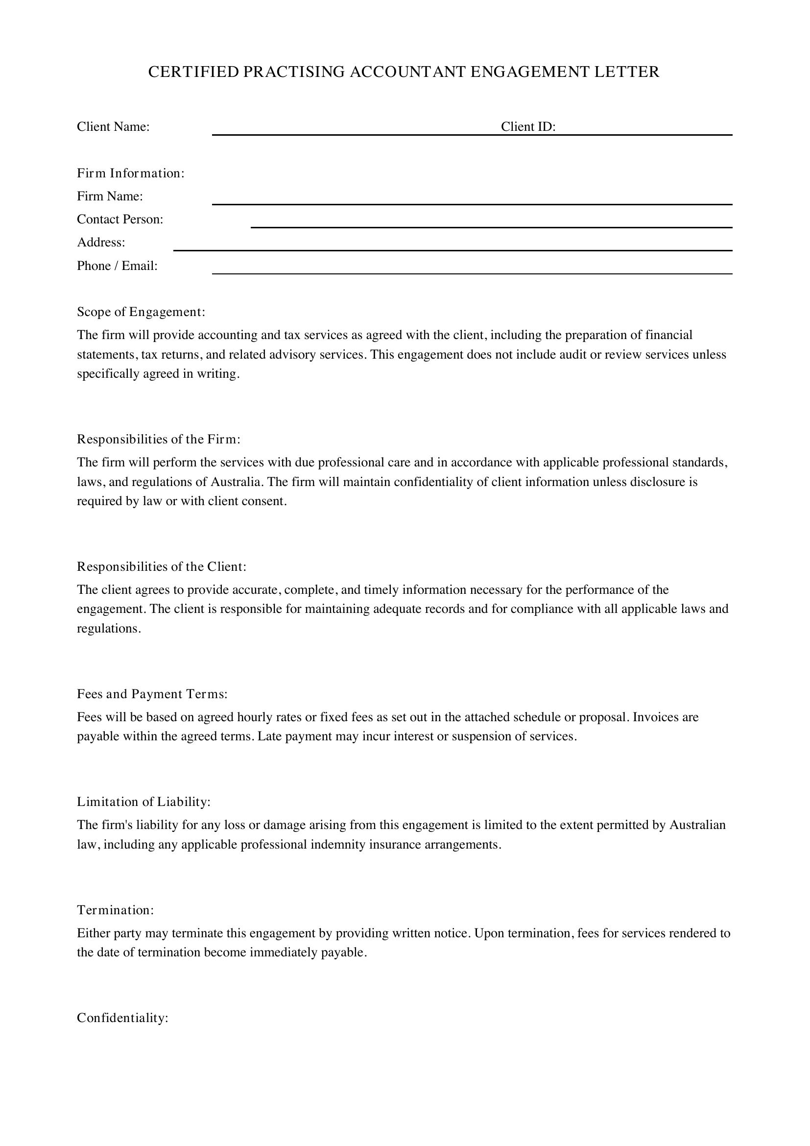 Cpa Engagement Letter Template - Australia