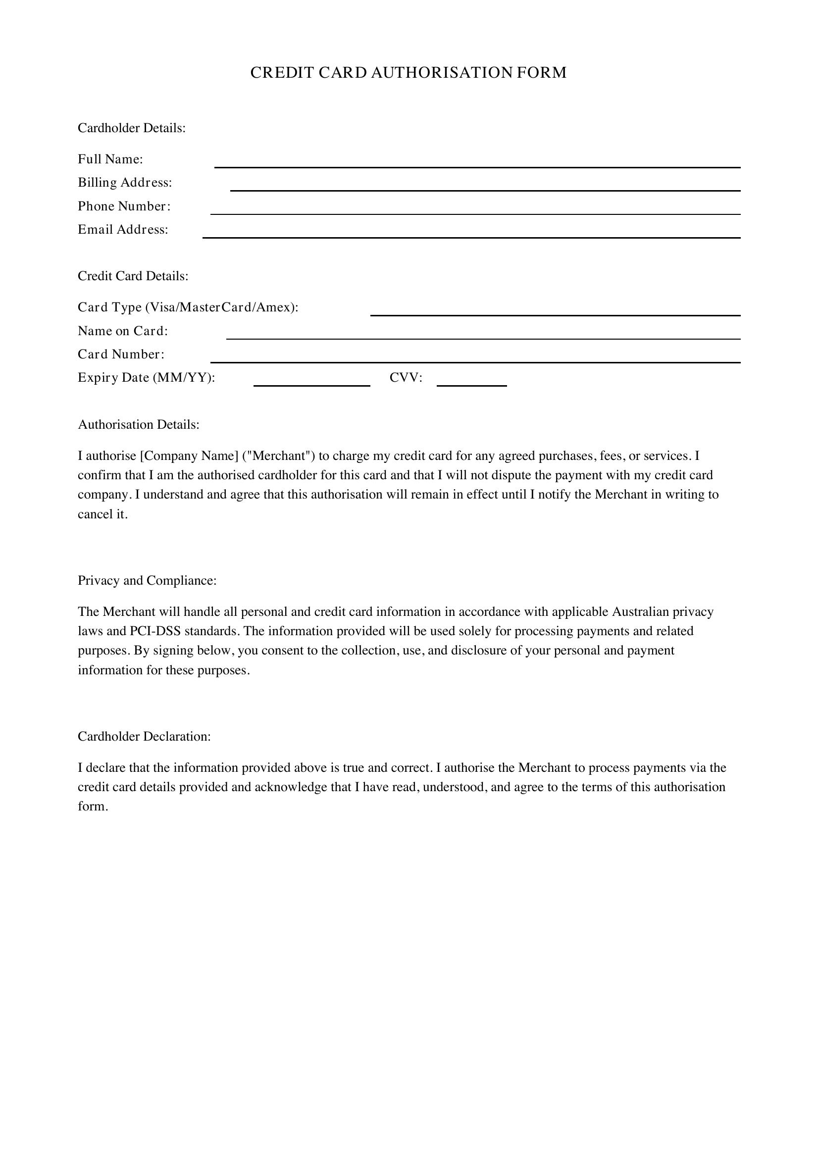 Credit Card Authorisation Form Template - Australia