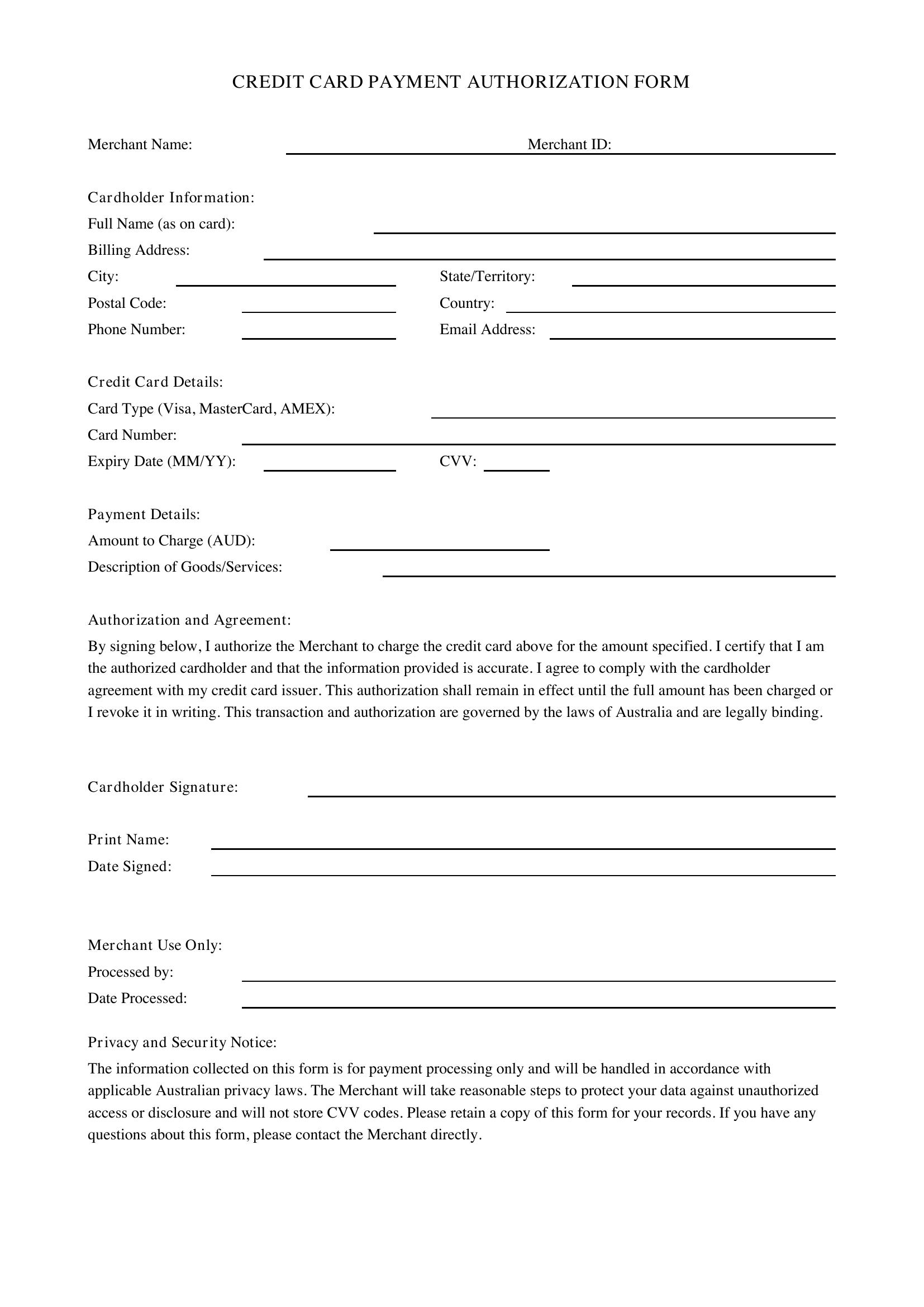 Credit Card Payment Form Template - Australia