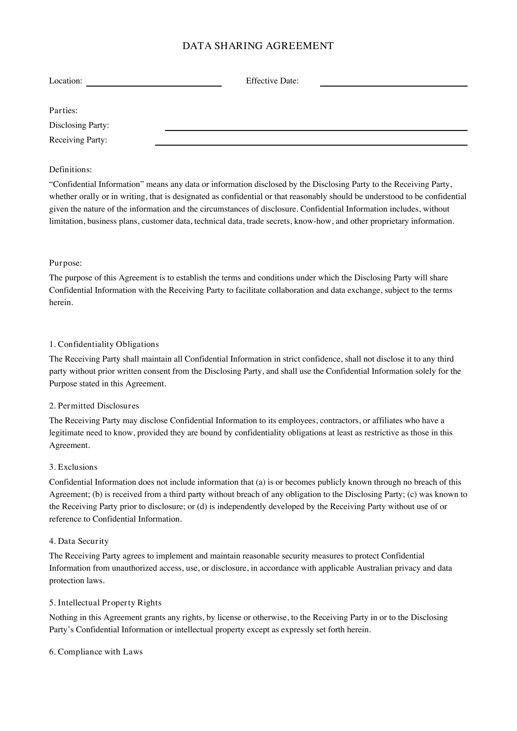 Data Sharing Agreement Template - Australia
