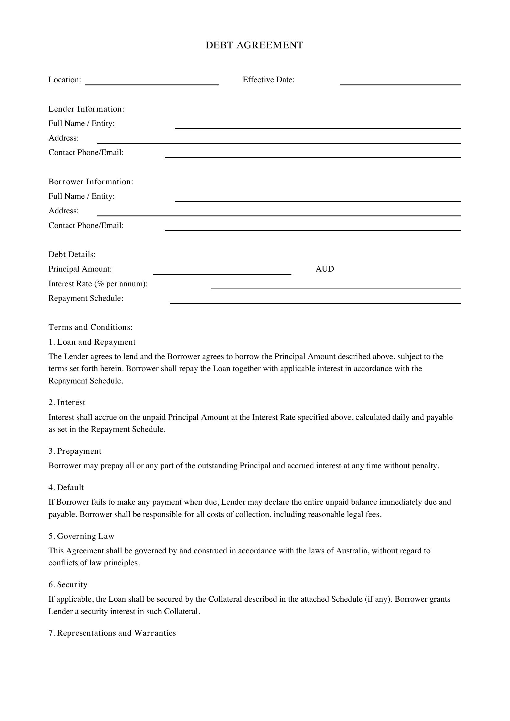 Debt Agreement Template - Australia