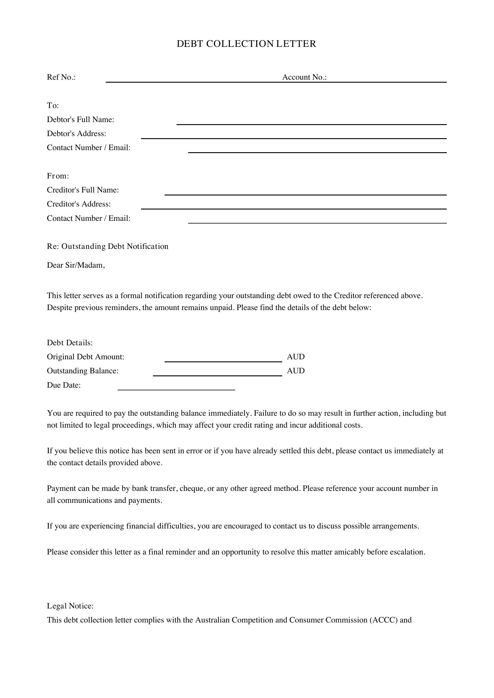 Debt Collector Letter Template - Australia