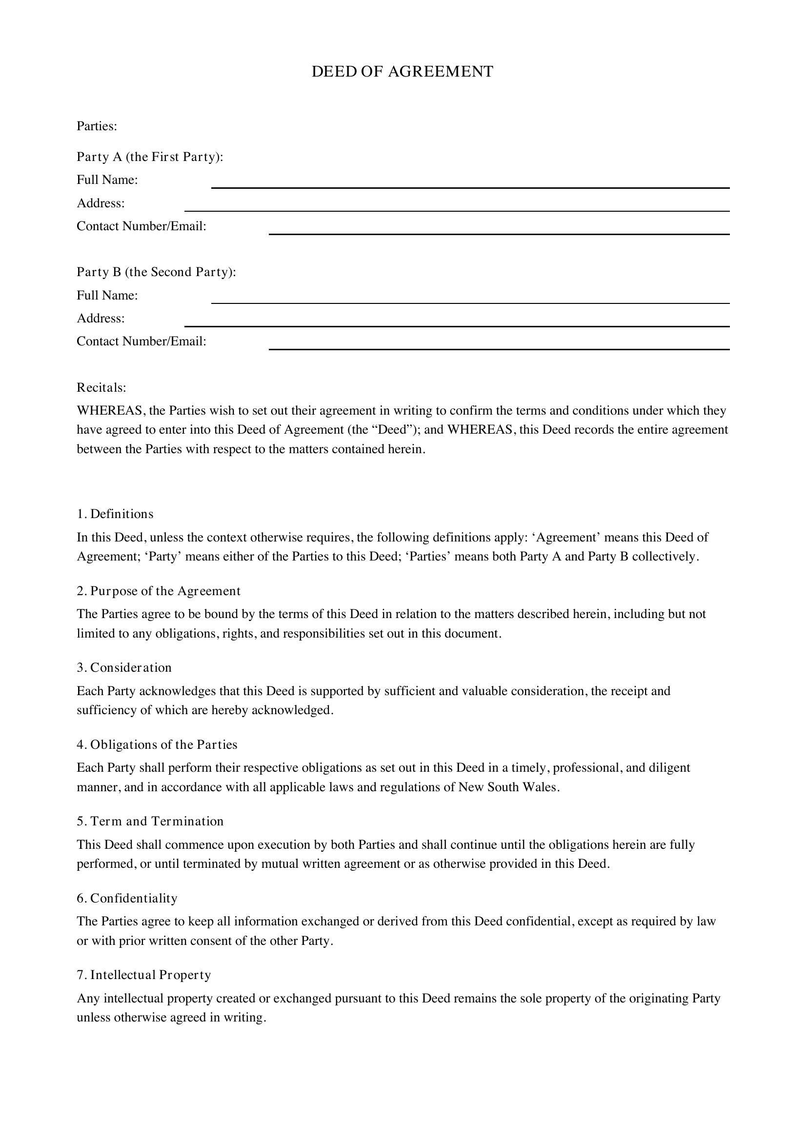 Deed Of Agreement Nsw Template - Australia
