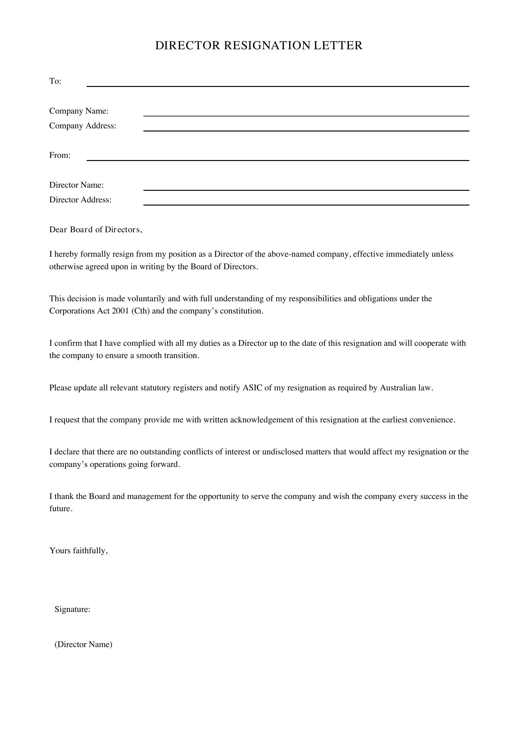 Director Resignation Letter Template - Australia