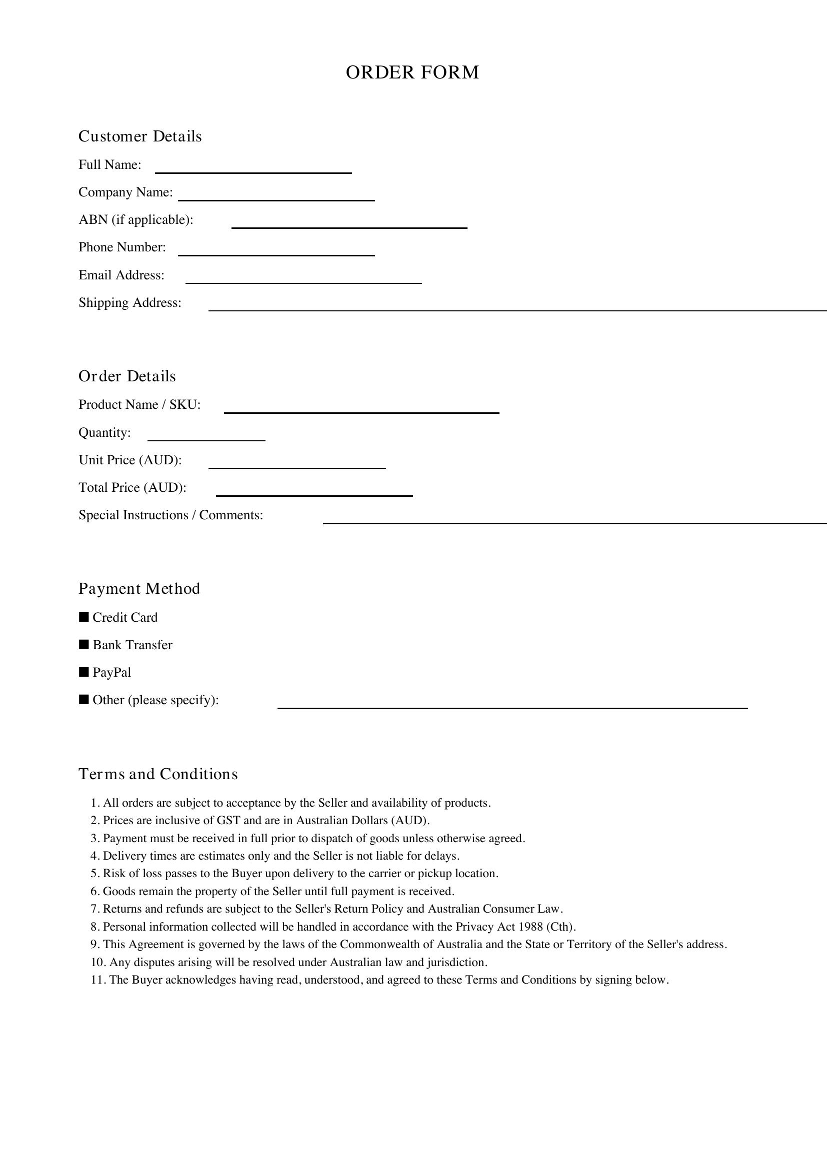 Editable Order Form Template - Australia