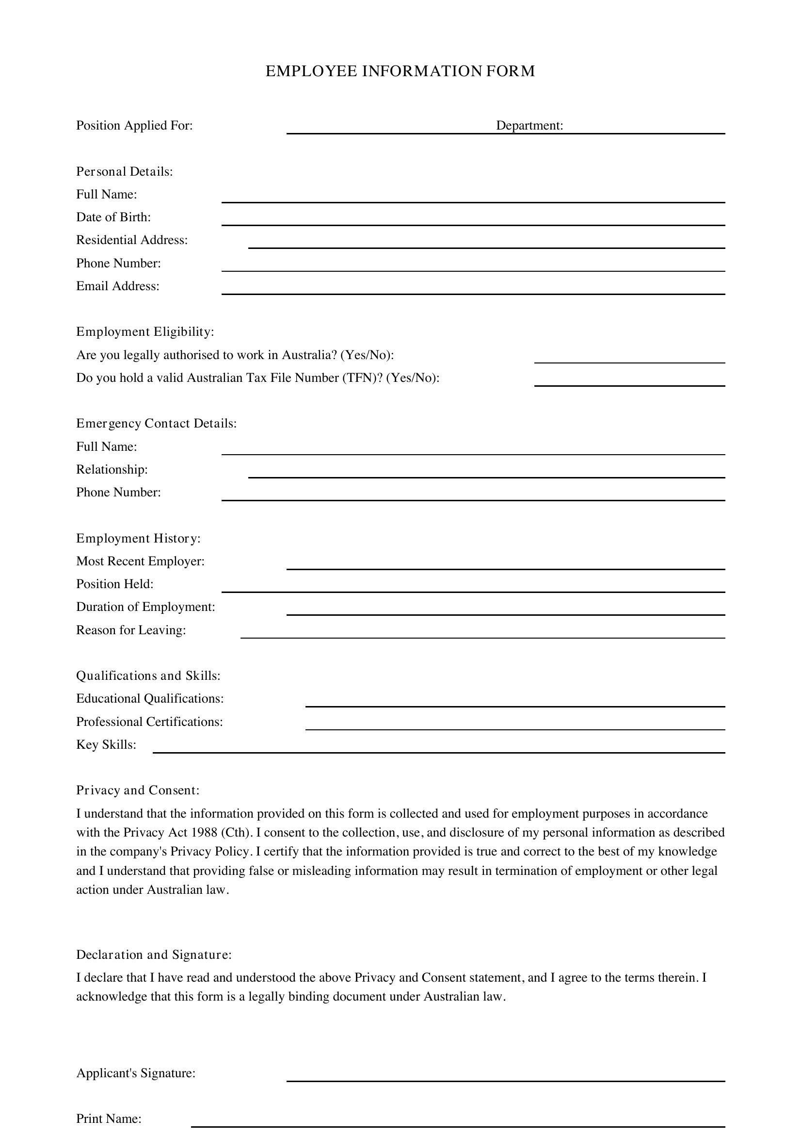 Employee Information Form Template - Australia