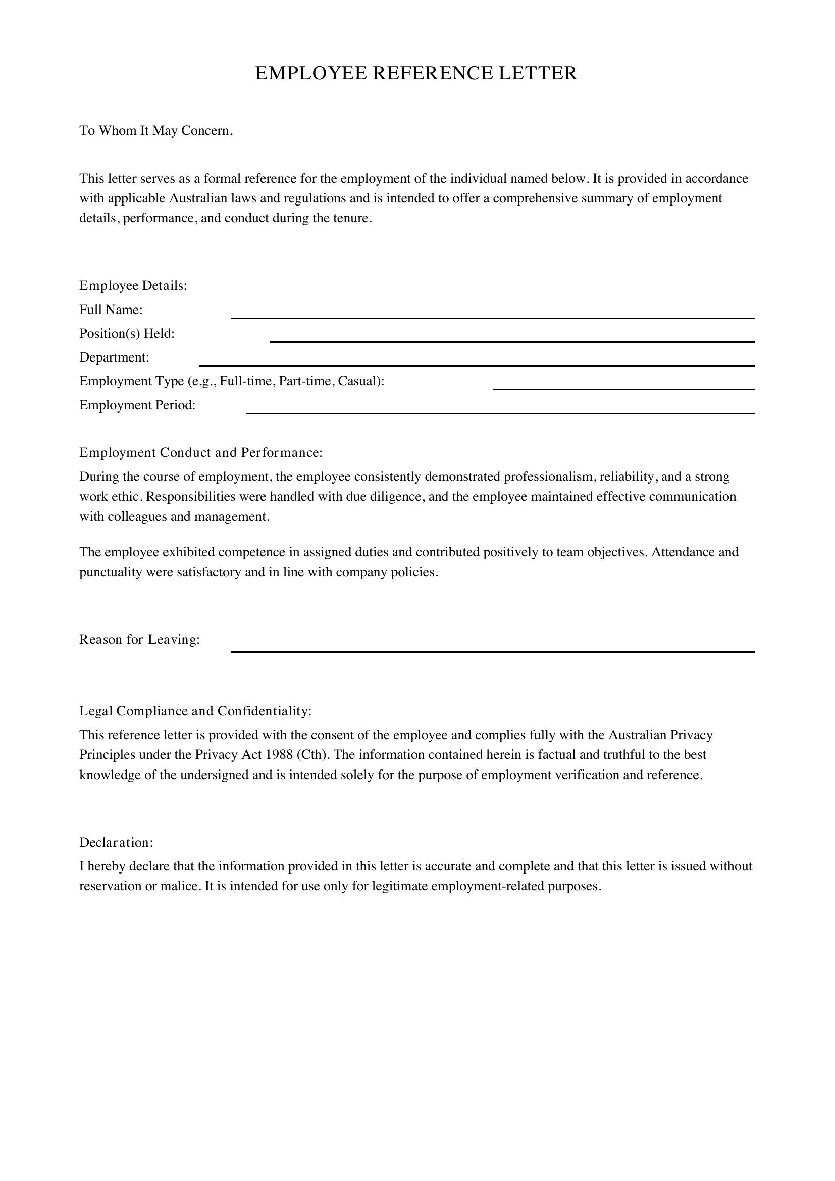 Employee Reference Letter Template - Australia