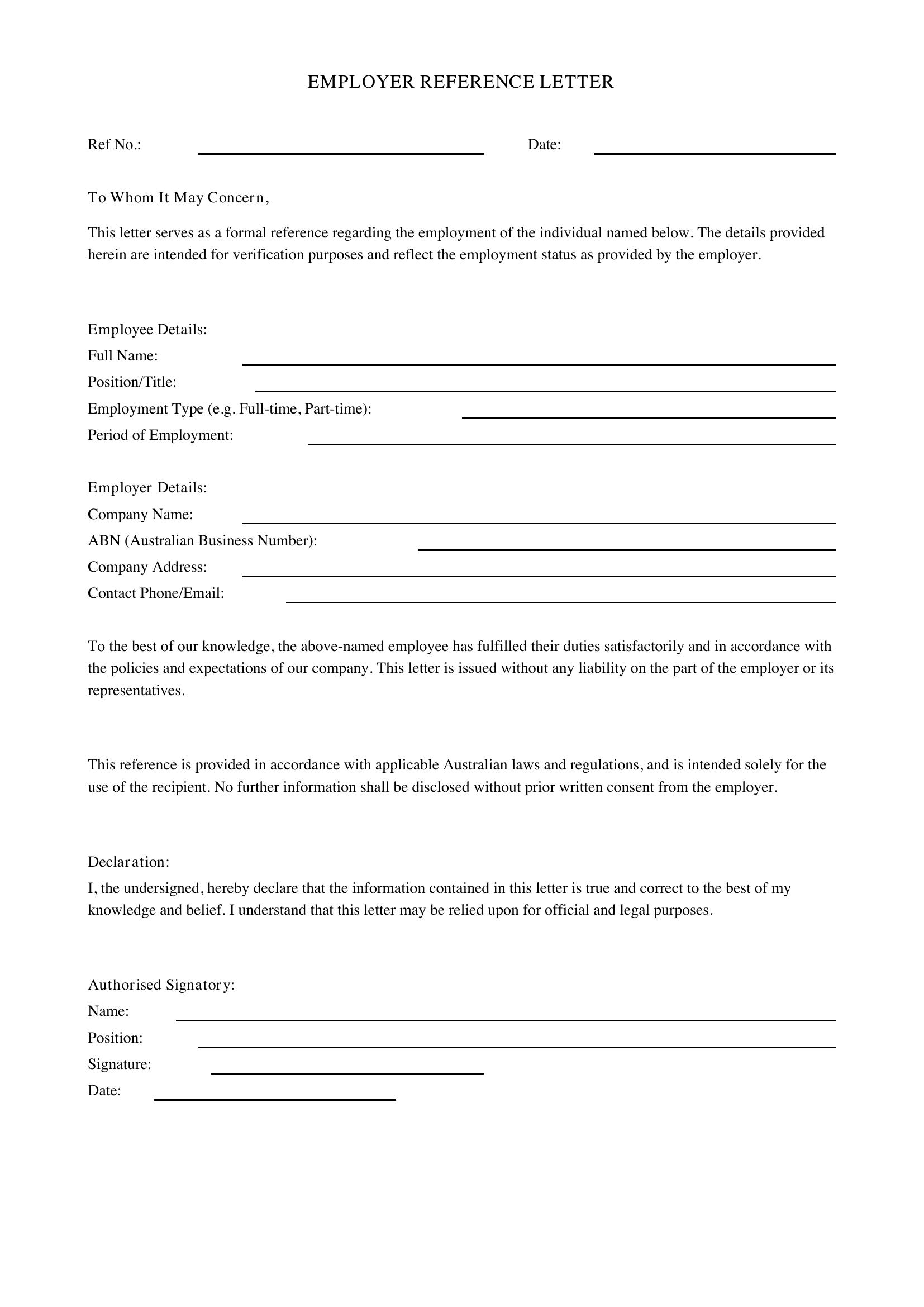 Employer Reference Letter Template - Australia