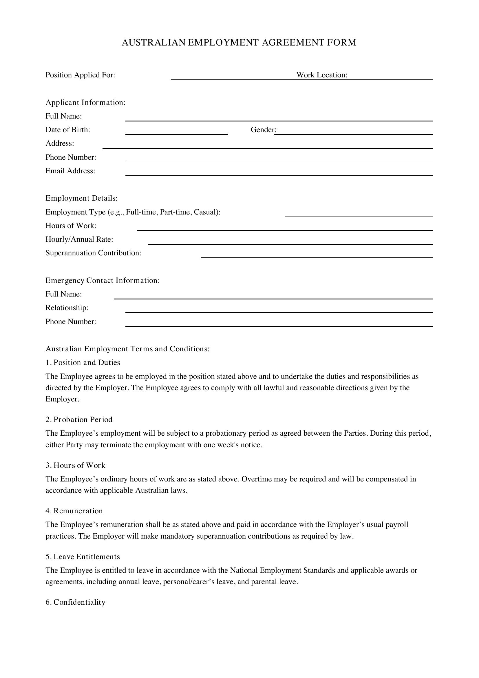 Employment Form Template - Australia