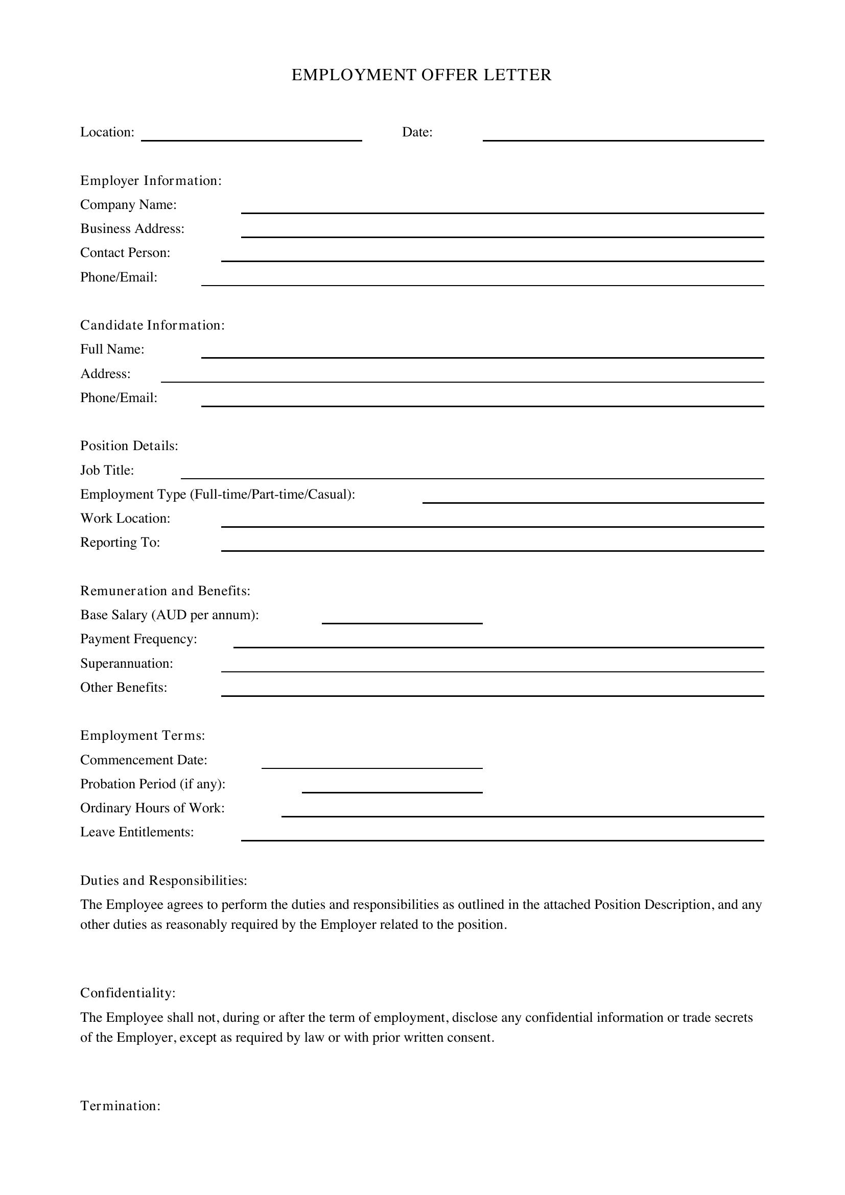 Employment Offer Letter Template - Australia