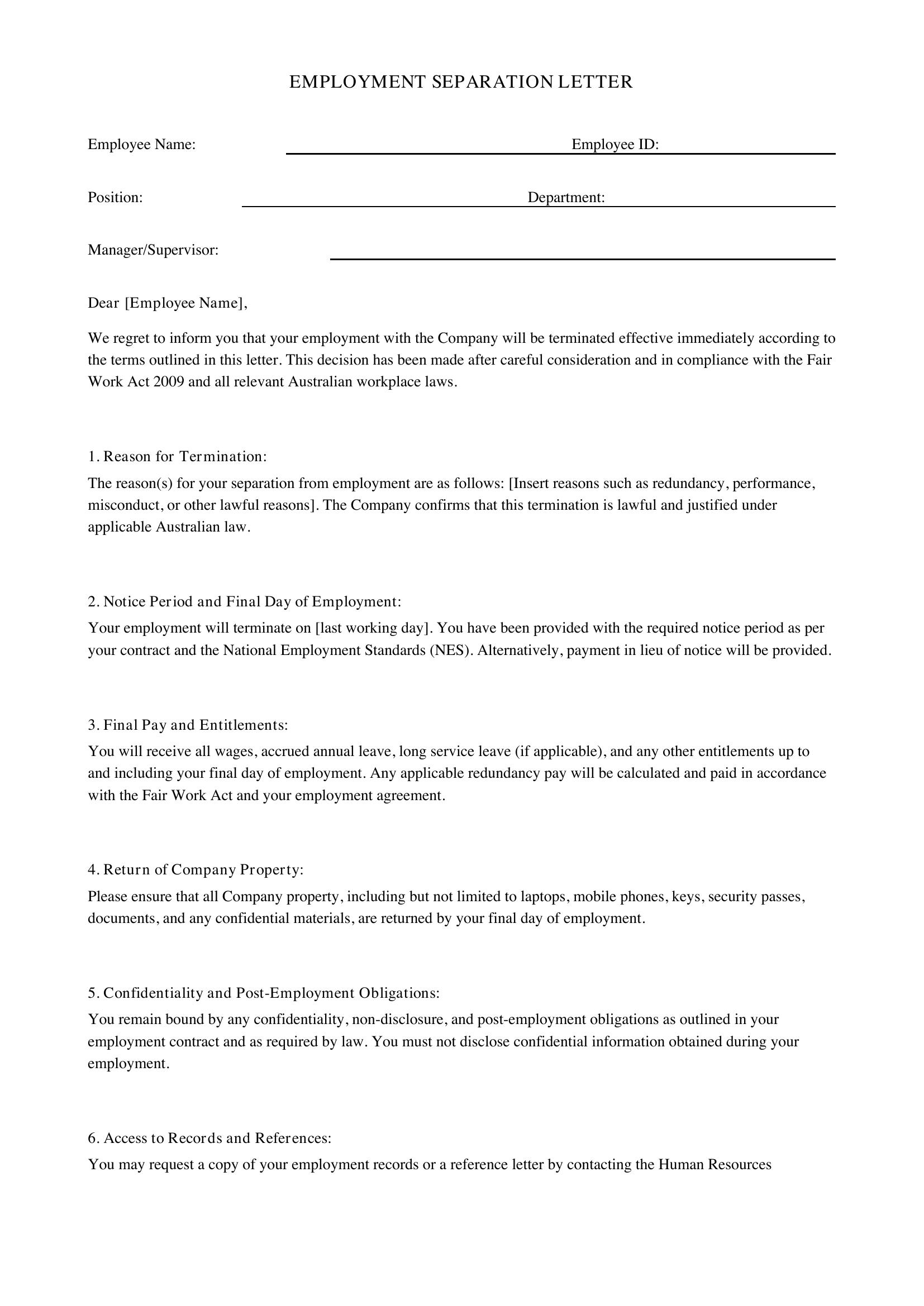 Employment Separation Letter Template - Australia