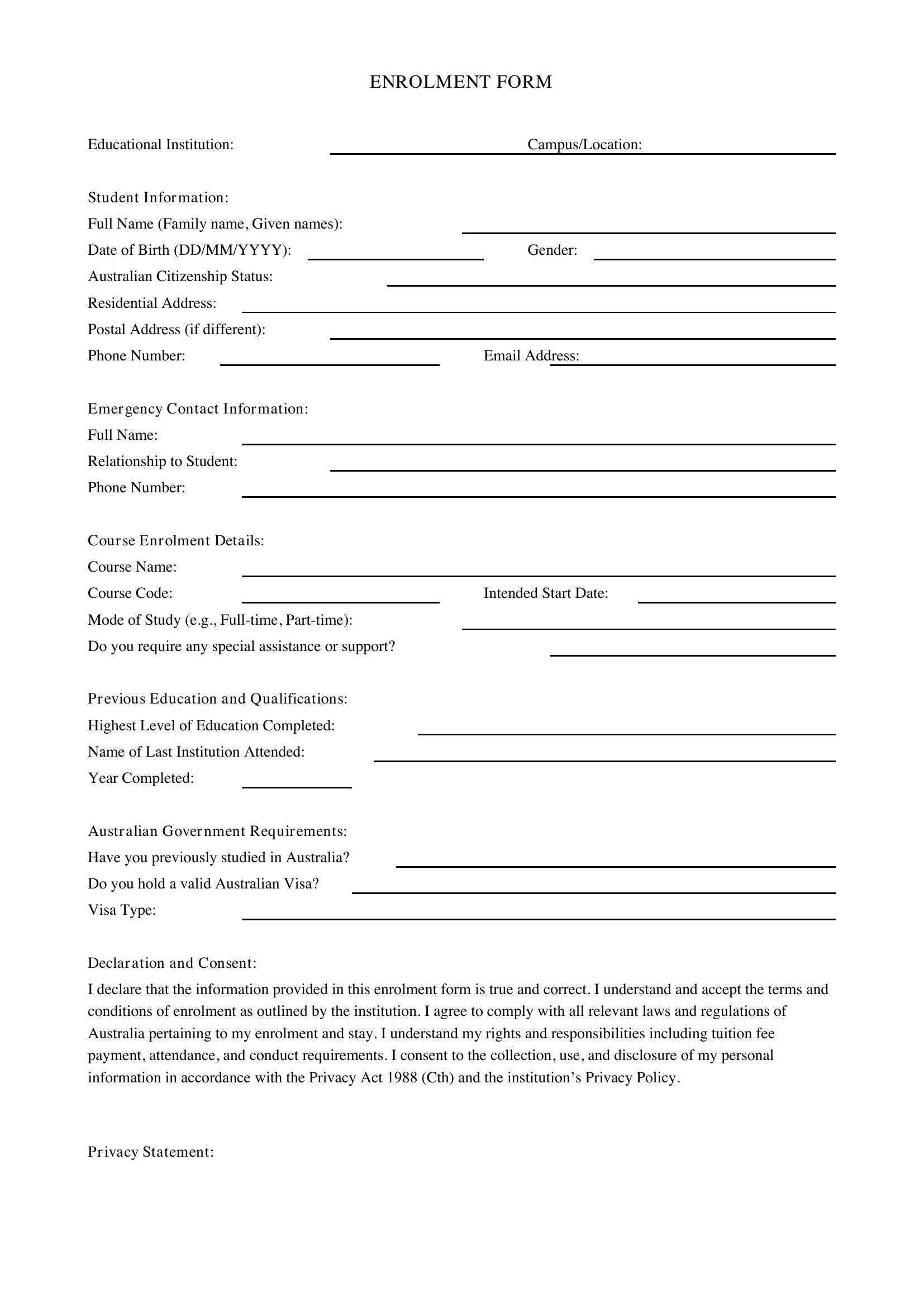 Enrolment Form Template - Australia