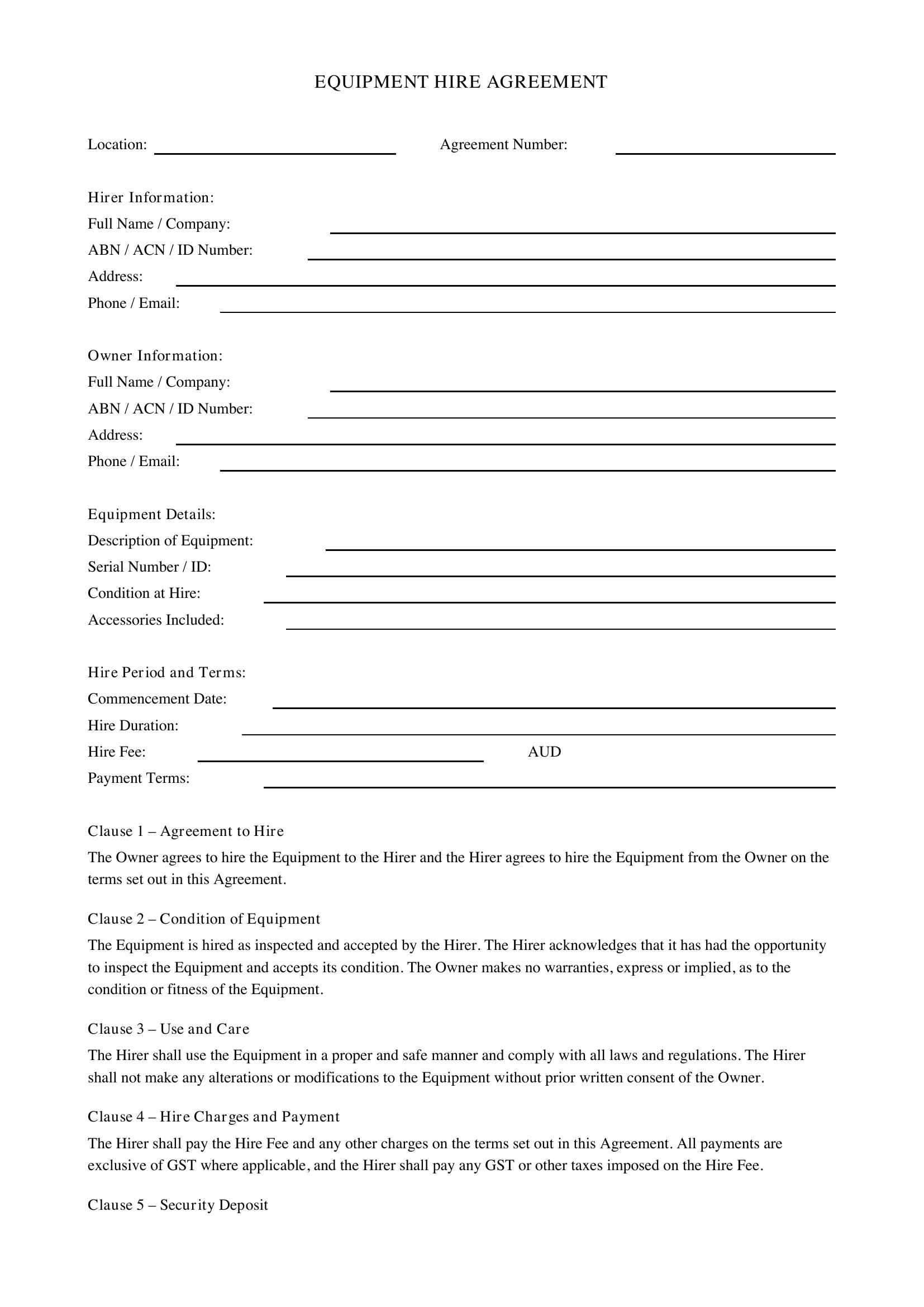 Equipment Hire Agreement Template - Australia