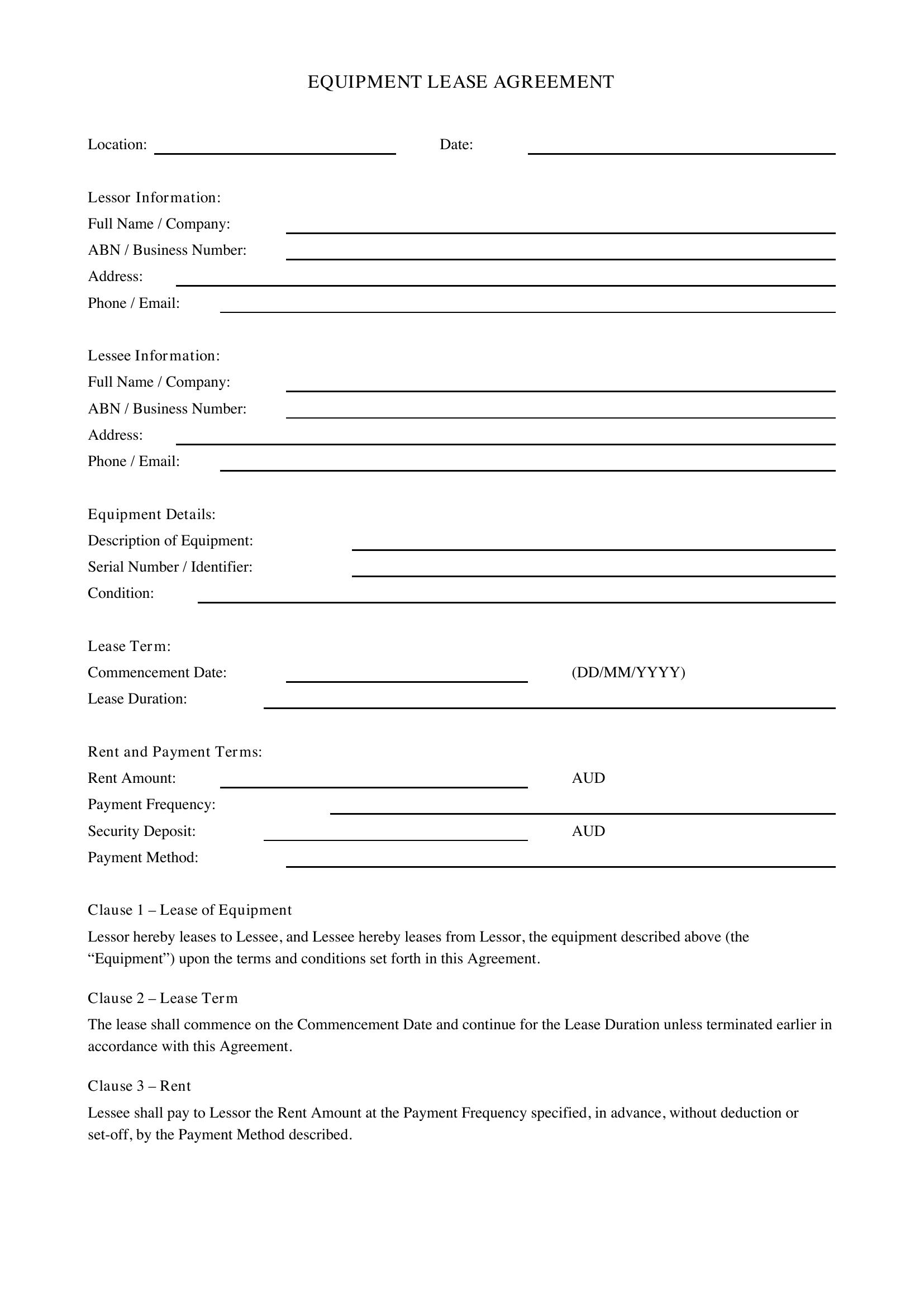 Equipment Lease Agreement Template - Australia