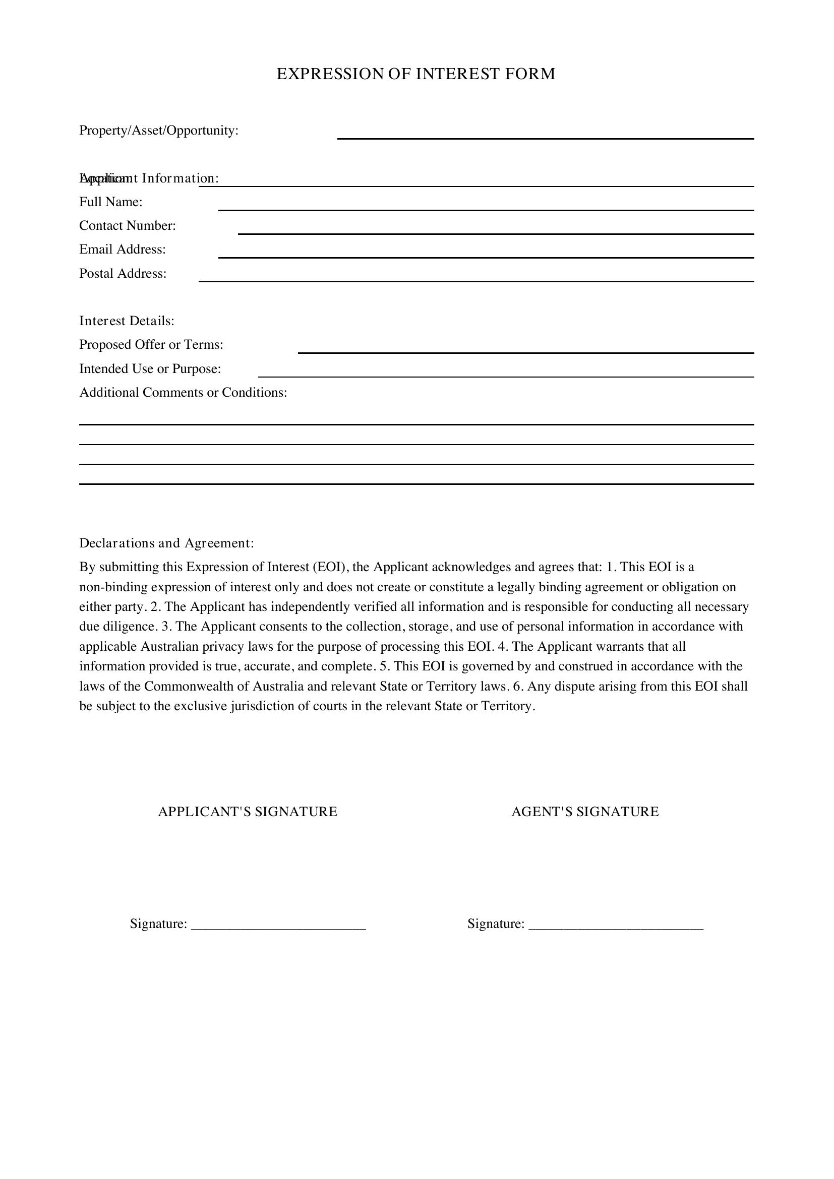 Expression Of Interest Form Template - Australia