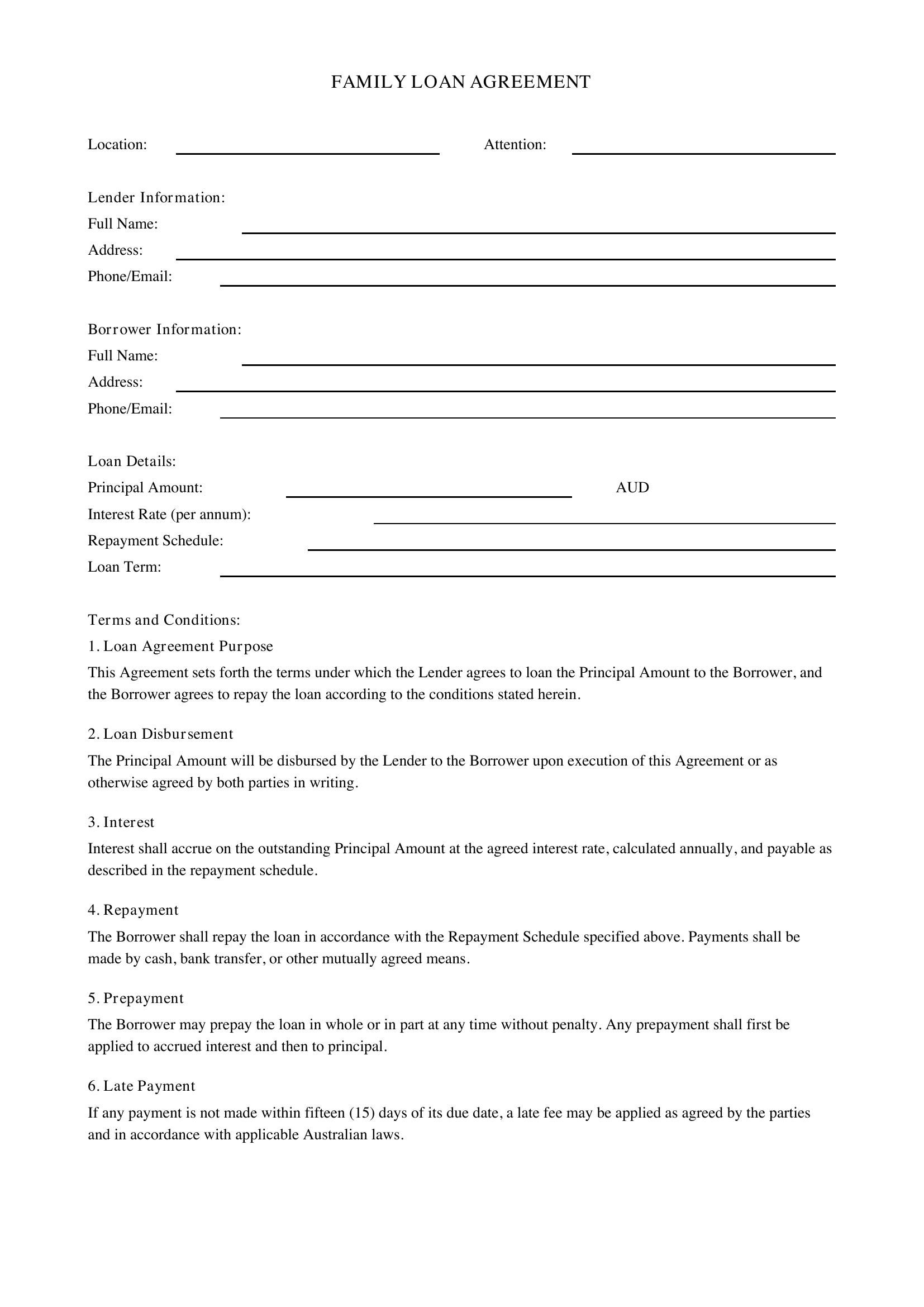 Family Loan Agreement Template - Australia