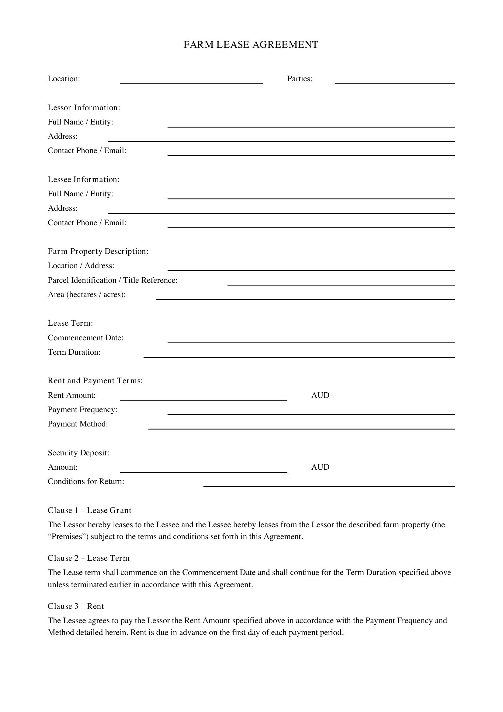 Farm Lease Agreement Template - Australia