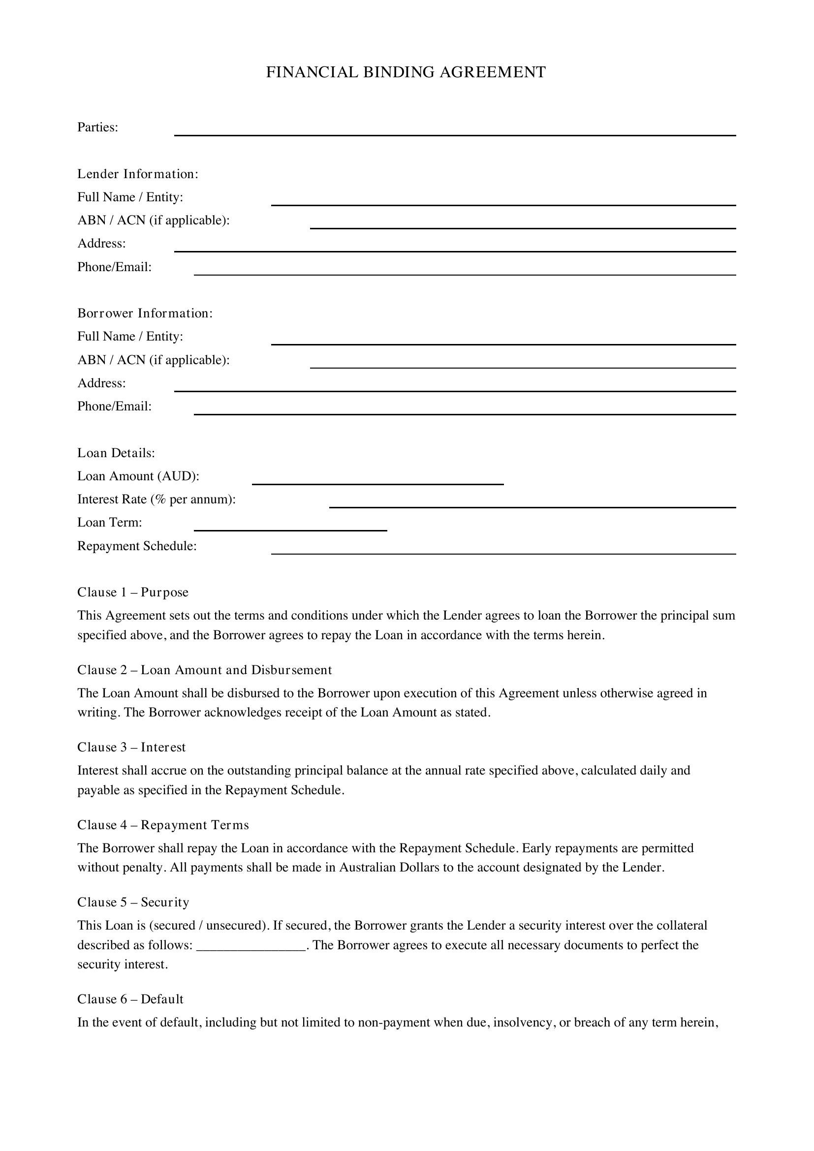 Financial Binding Agreement Template - Australia